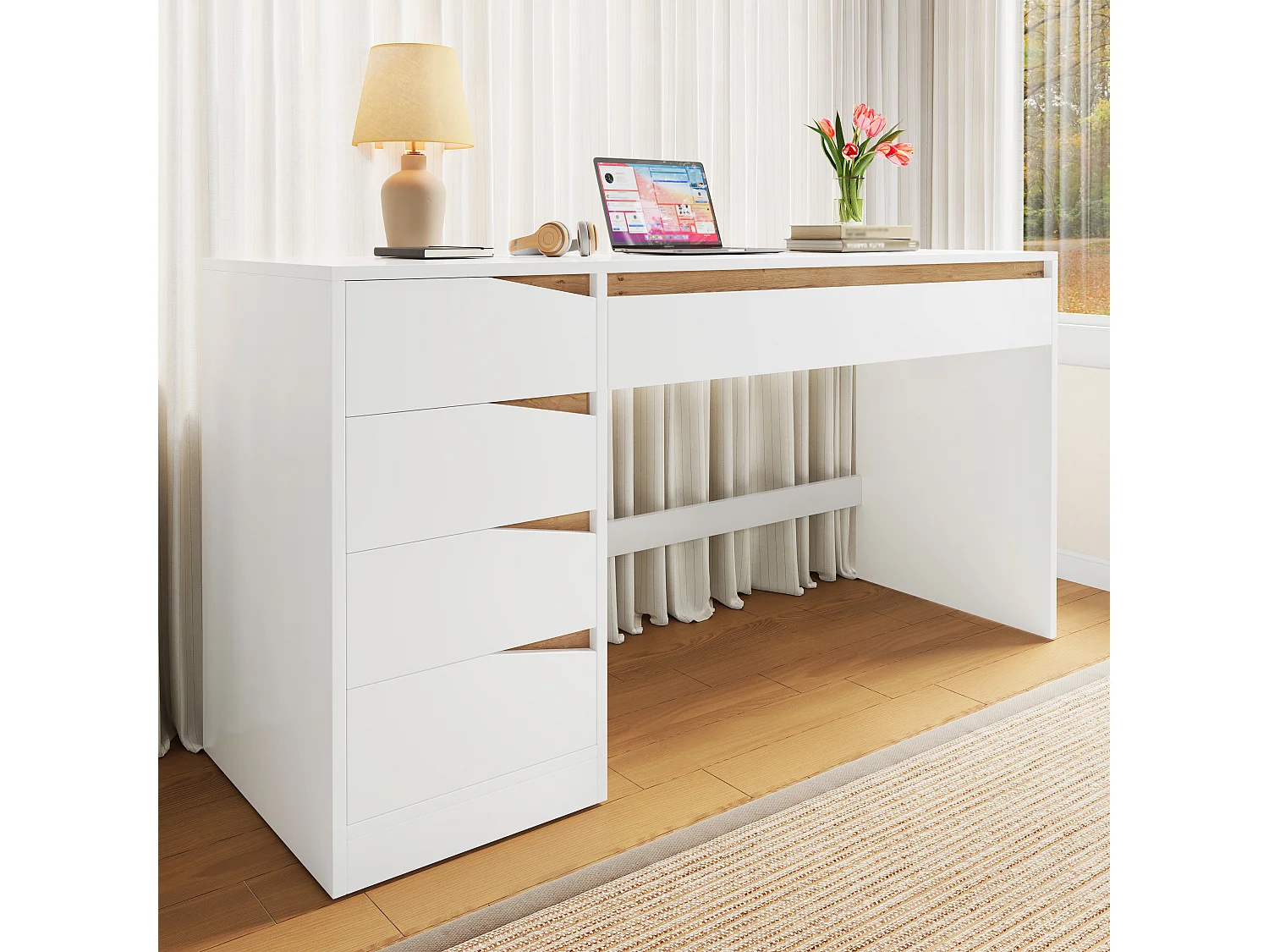 Bureau avec 5 tiroirs 140x50x78cm cm - Grand plateau - Coiffeuse avec rangements - Panneaux de particules - Blanc et naturel