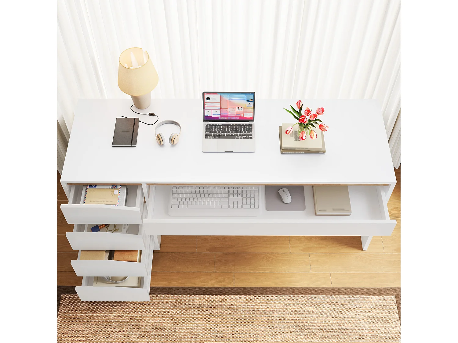 Bureau avec 5 tiroirs 140x50x78cm cm - Grand plateau - Coiffeuse avec rangements - Panneaux de particules - Blanc et naturel