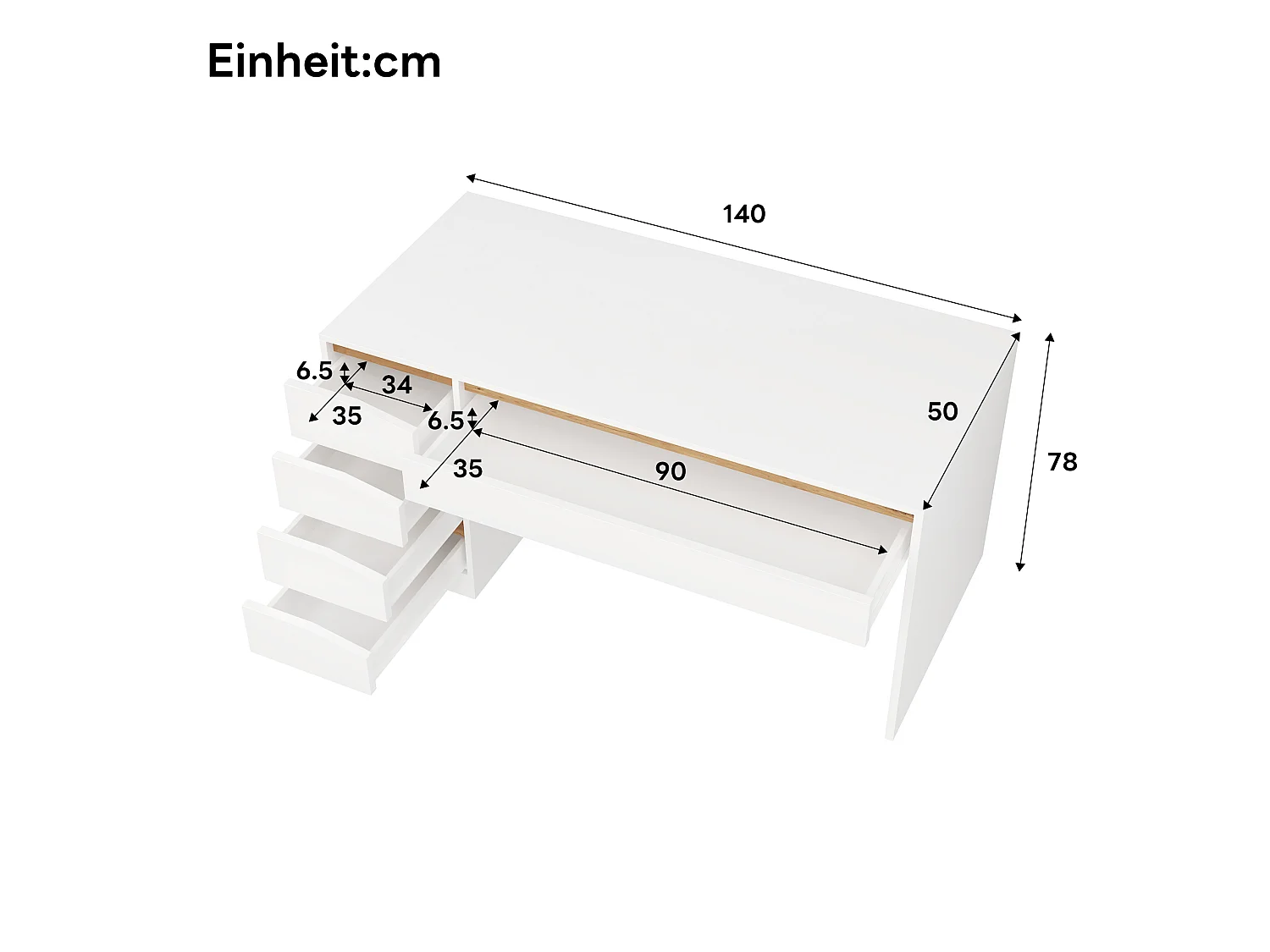 Bureau avec 5 tiroirs 140x50x78cm cm - Grand plateau - Coiffeuse avec rangements - Panneaux de particules - Blanc et naturel