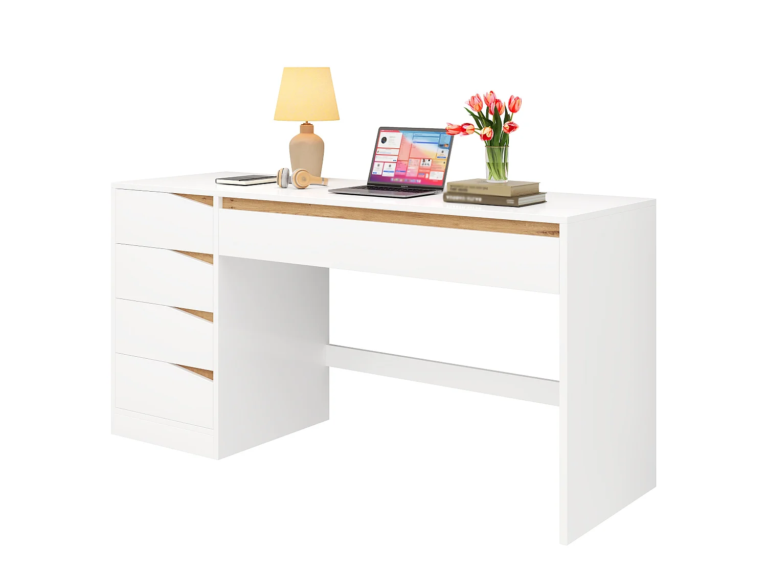 Bureau avec 5 tiroirs 140x50x78cm cm - Grand plateau - Coiffeuse avec rangements - Panneaux de particules - Blanc et naturel