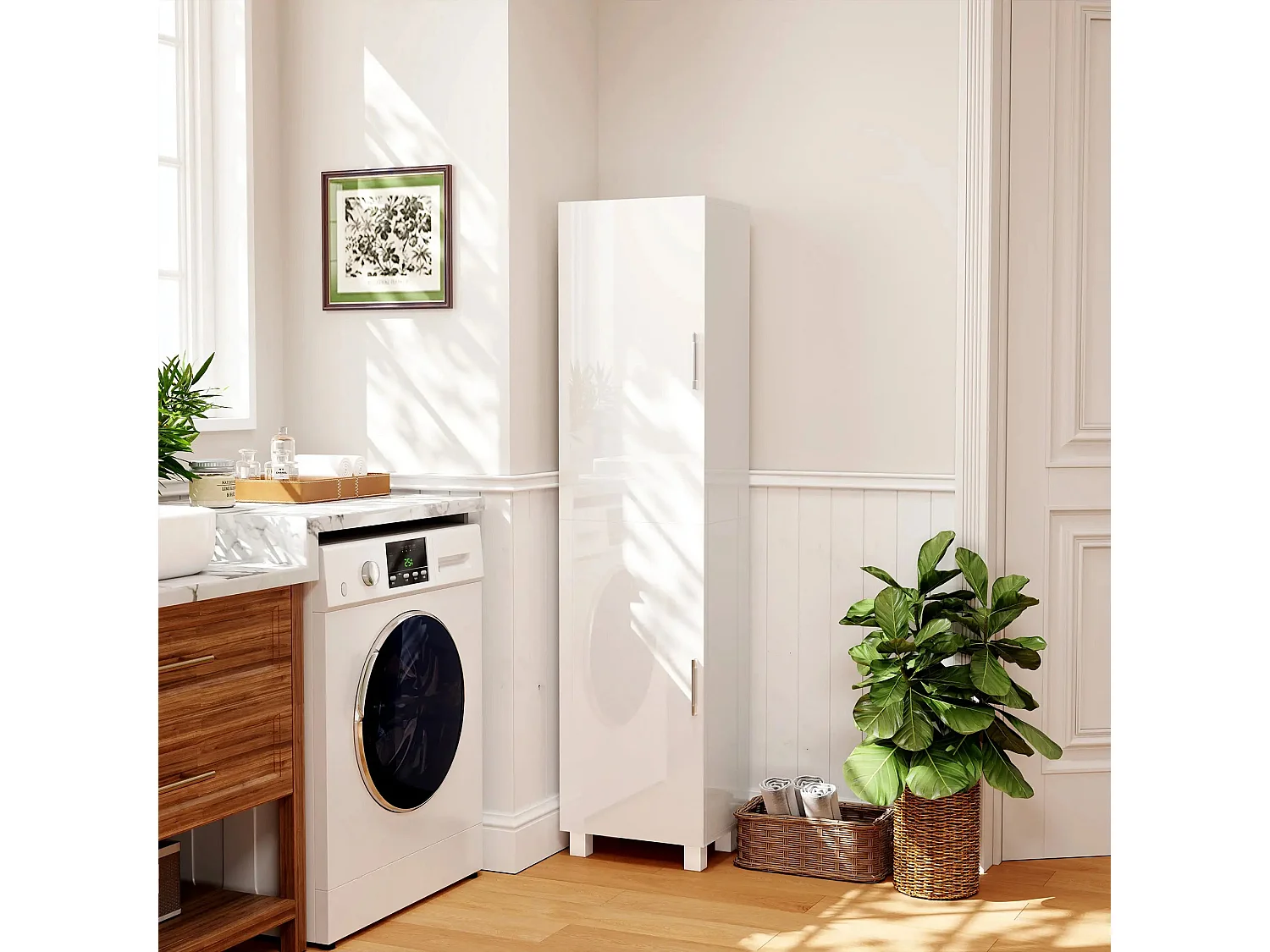 Valatti Freestanding Tall Bathroom Cabinet High Gloss White Adjustable Shelves Double Doors