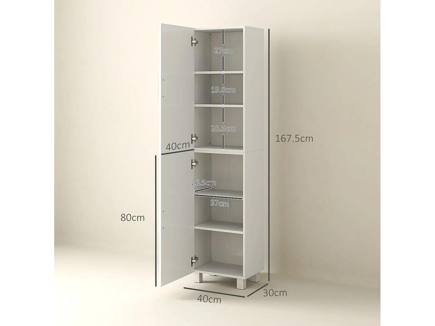 Valatti Freestanding Tall Bathroom Cabinet High Gloss White Adjustable Shelves Double Doors