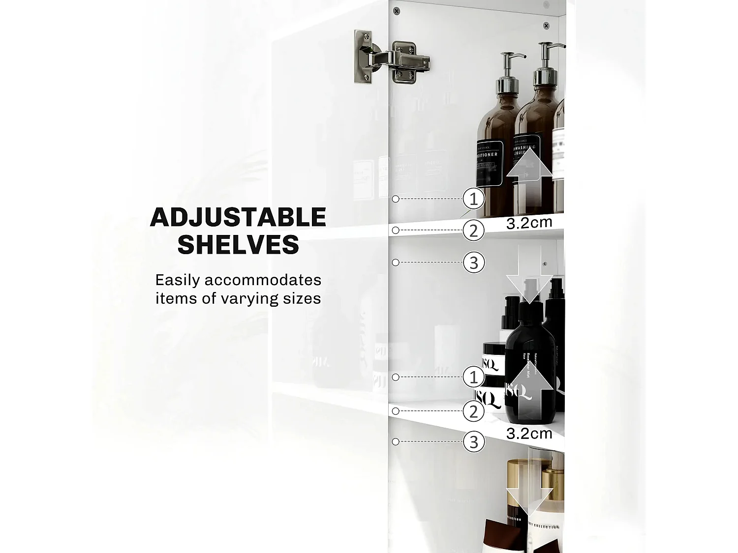 Valatti Freestanding Tall Bathroom Cabinet High Gloss White Adjustable Shelves Double Doors