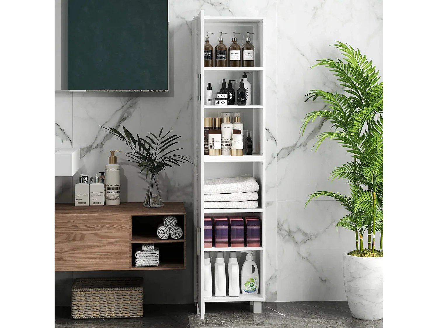 Valatti Freestanding Tall Bathroom Cabinet High Gloss White Adjustable Shelves Double Doors