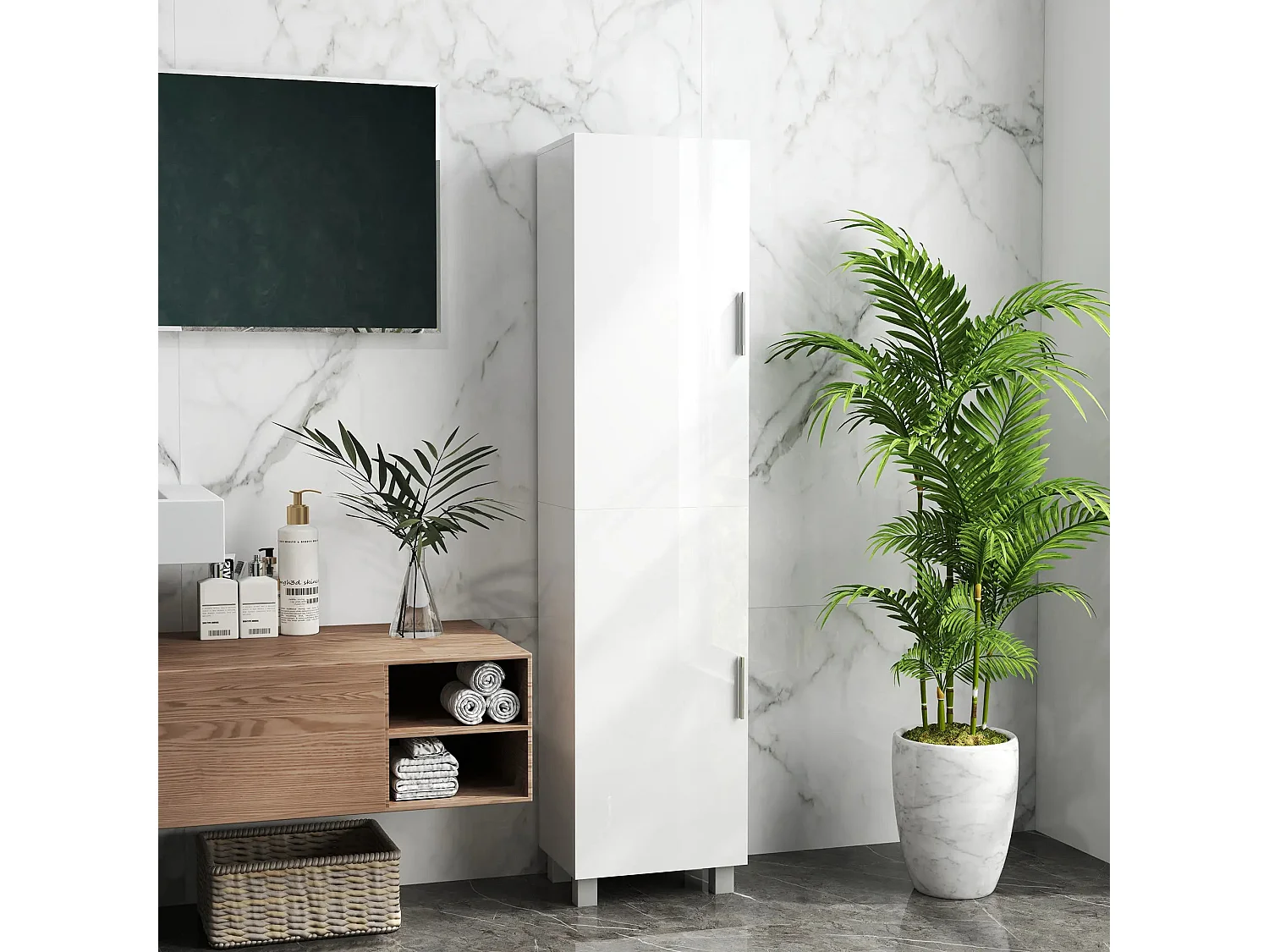 Valatti Freestanding Tall Bathroom Cabinet High Gloss White Adjustable Shelves Double Doors