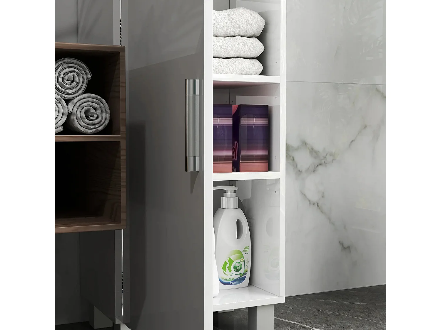 Valatti Freestanding Tall Bathroom Cabinet High Gloss White Adjustable Shelves Double Doors