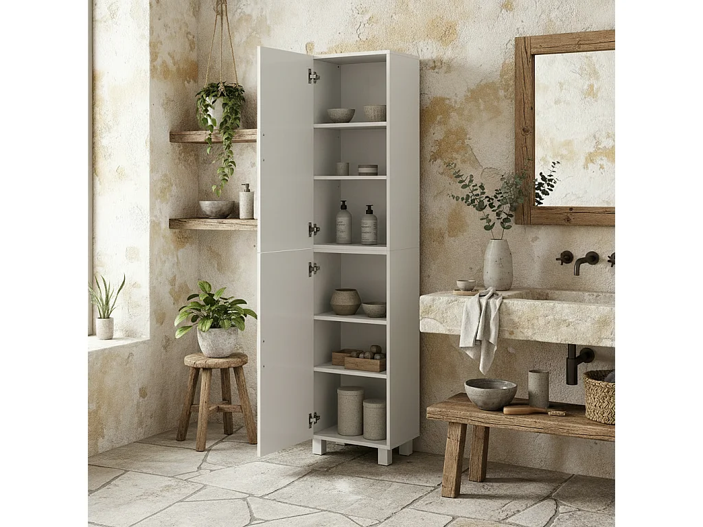Valatti Freestanding Tall Bathroom Cabinet High Gloss White Adjustable Shelves Double Doors