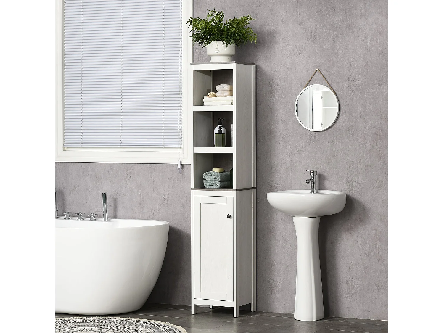Salata Tall Freestanding Bathroom Storage Cabinet with Mirror Open Shelves Adjustable Interior Antique White