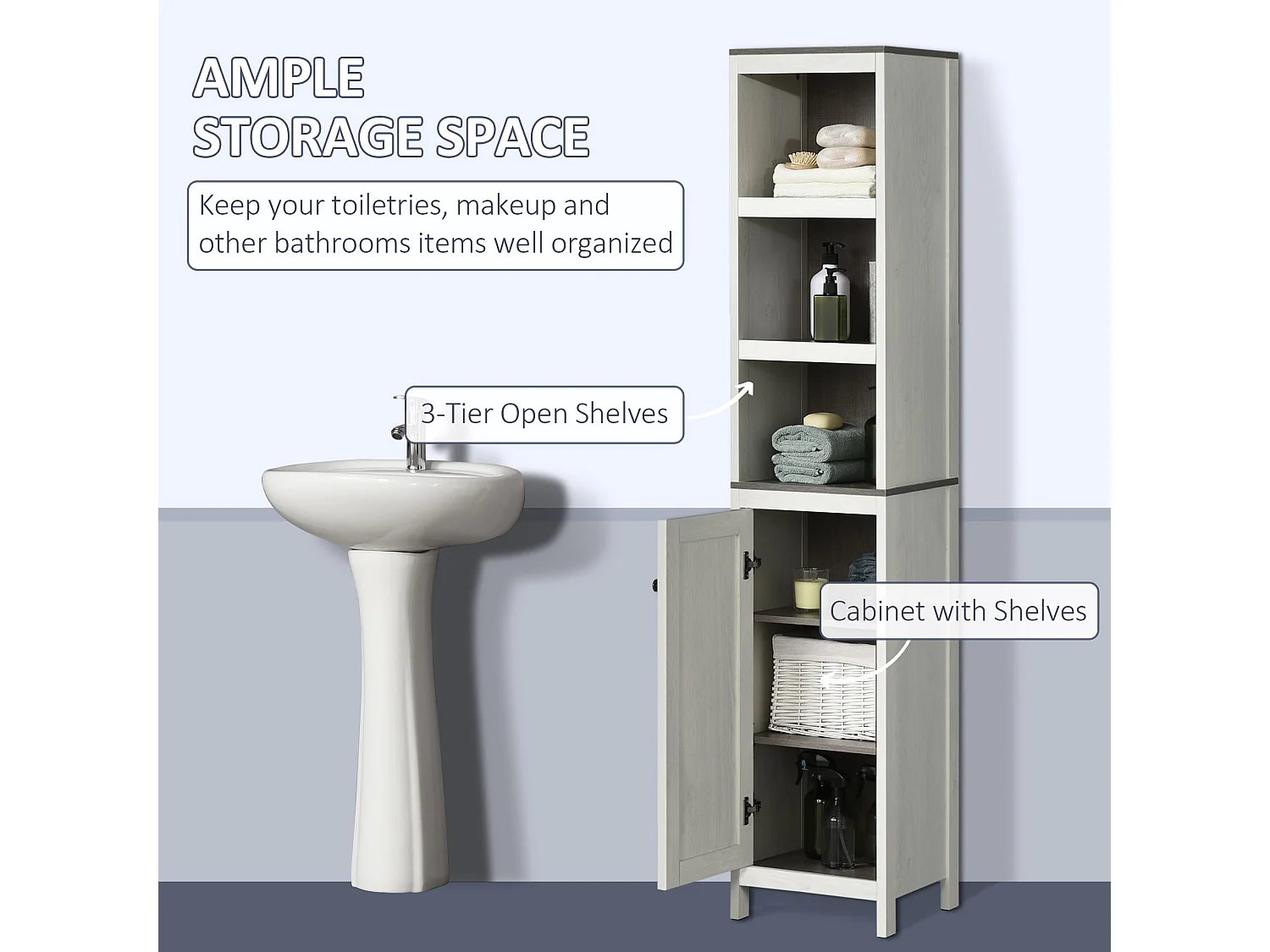 Salata Tall Freestanding Bathroom Storage Cabinet with Mirror Open Shelves Adjustable Interior Antique White