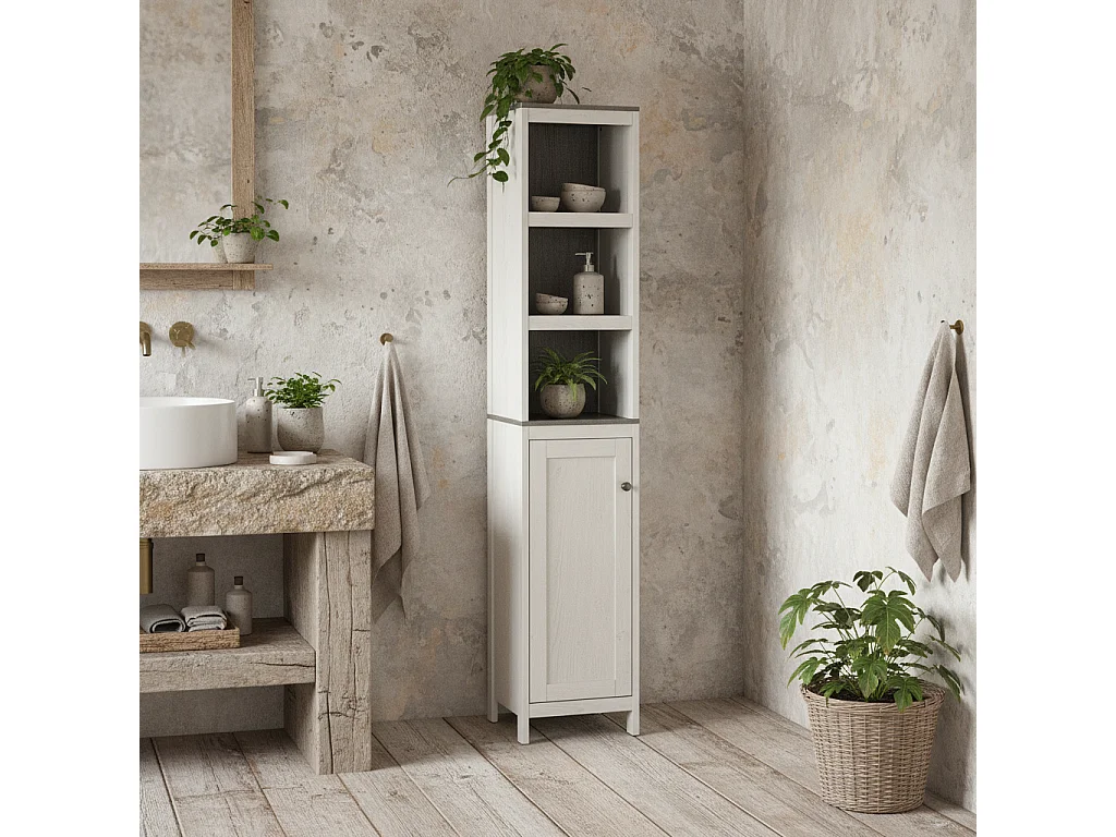 Salata Tall Freestanding Bathroom Storage Cabinet with Mirror Open Shelves Adjustable Interior Antique White