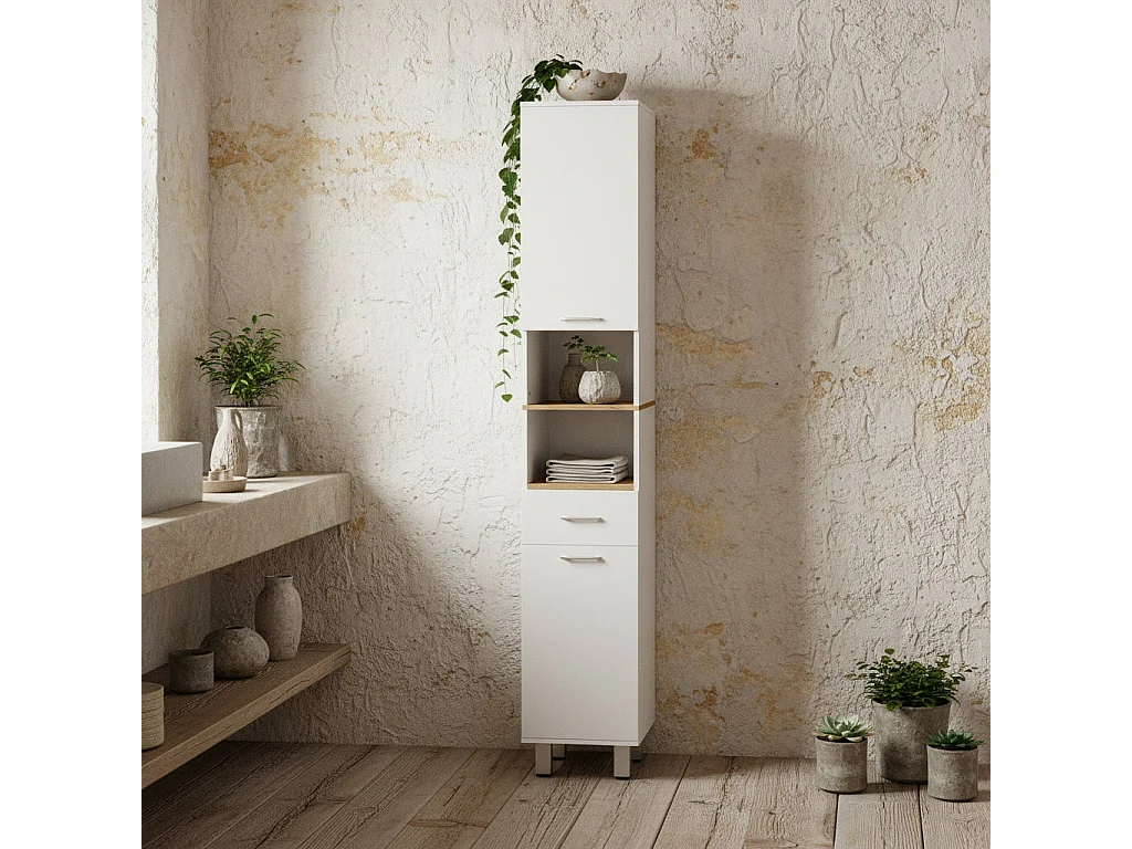 Secoli Tall Slim High Gloss White Storage Cabinet 180cm Bathroom Cupboard with Drawers Shelves and Double Doors