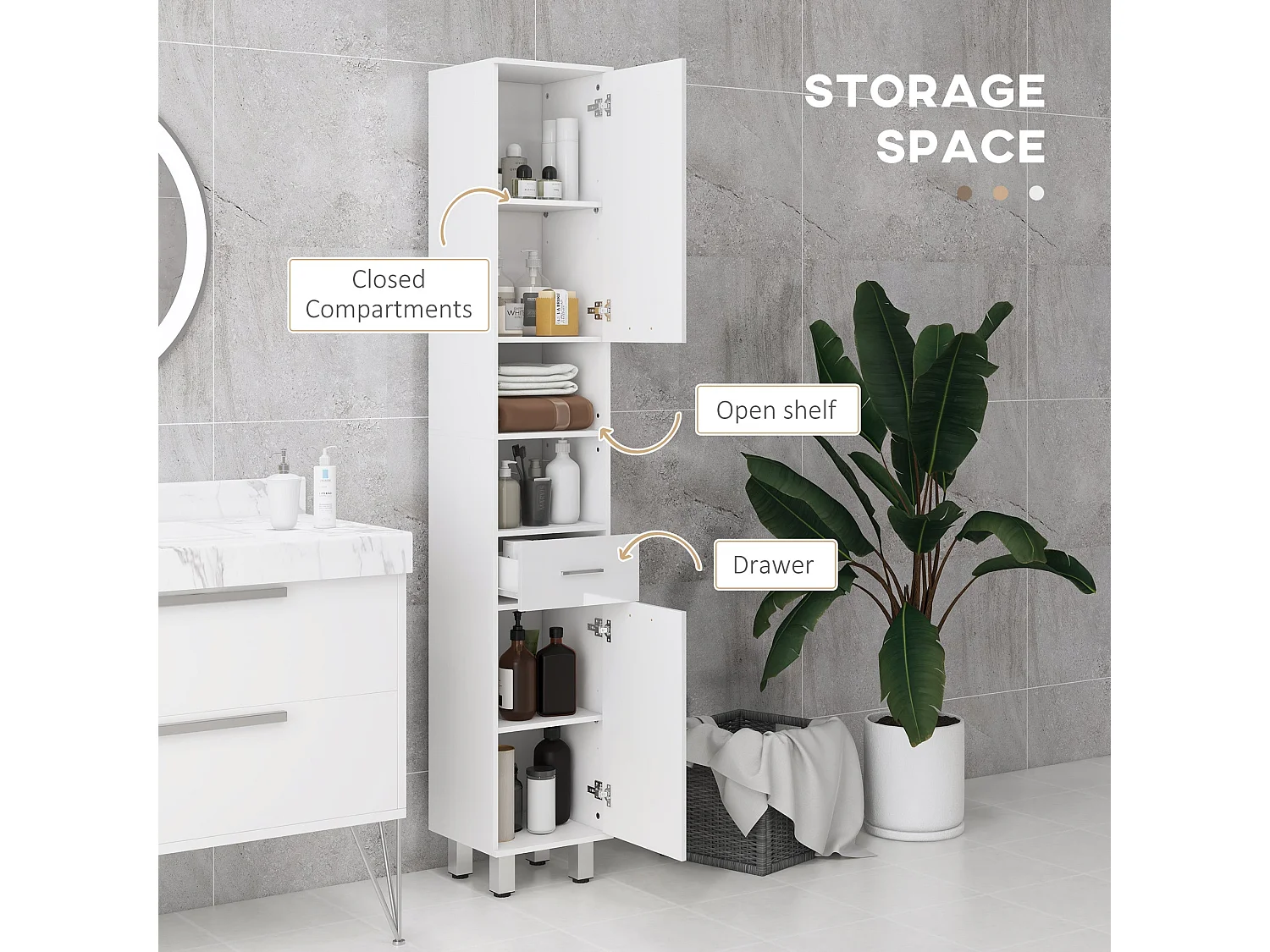 Secoli Tall Slim High Gloss White Storage Cabinet 180cm Bathroom Cupboard with Drawers Shelves and Double Doors