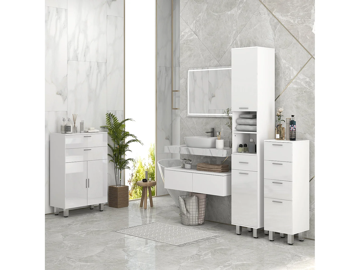 Secoli Tall Slim High Gloss White Storage Cabinet 180cm Bathroom Cupboard with Drawers Shelves and Double Doors