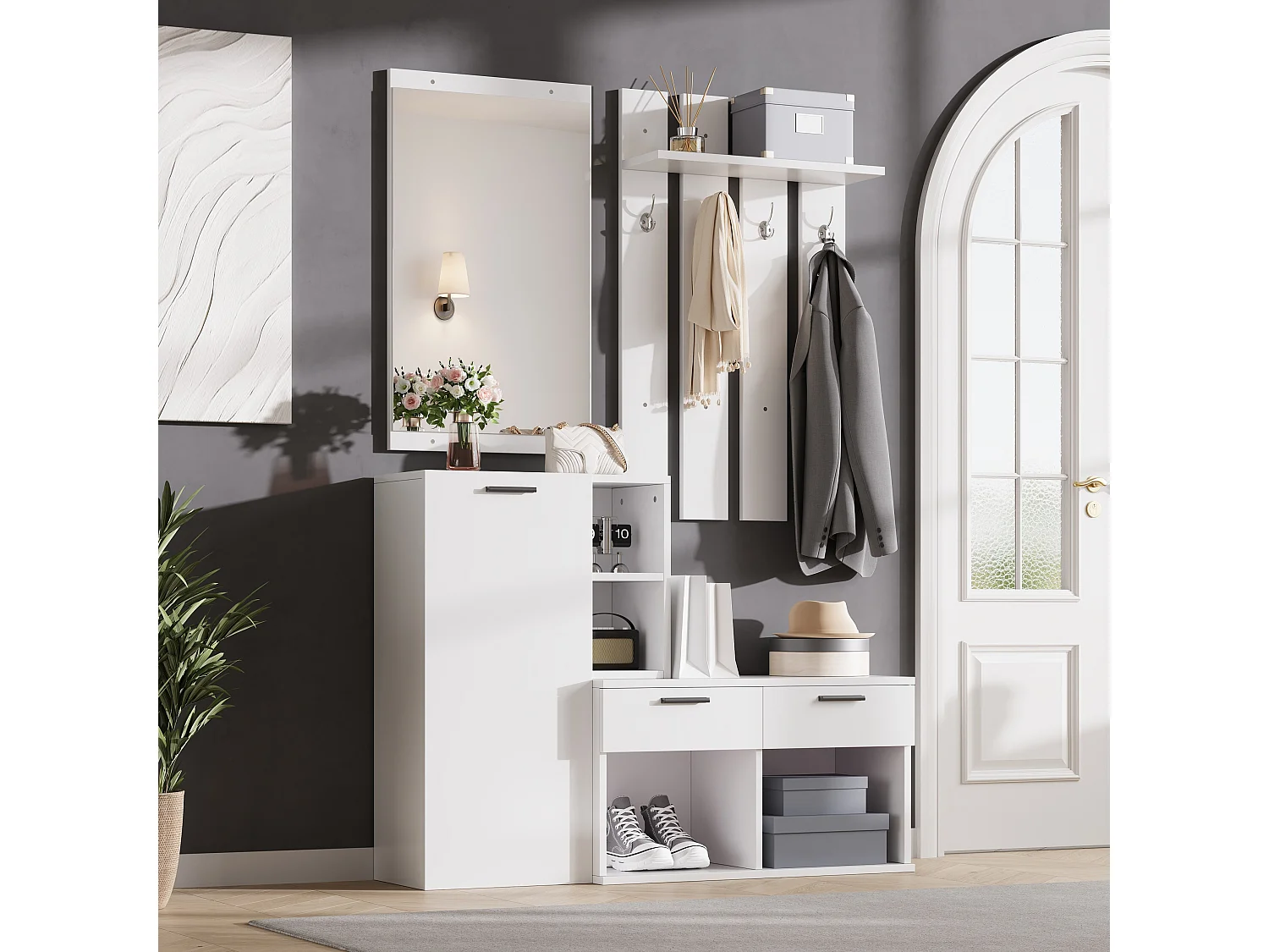 Ensemble vestiaire d'entrée 120x35x175,5 cm - Avec meuble à chaussures, miroir et crochets - 2 tiroirs et 1 porte - Blanc