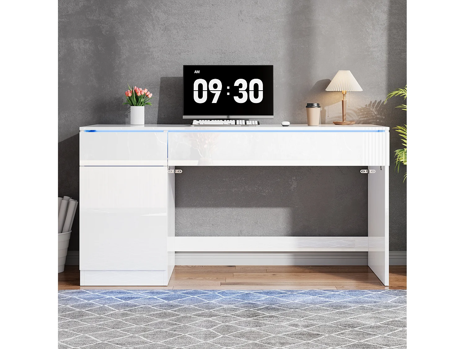 Bureau moderne 120x50x78 cm - Finition brillante - Éclairage LED - 2 tiroirs et 1 porte - Blanc