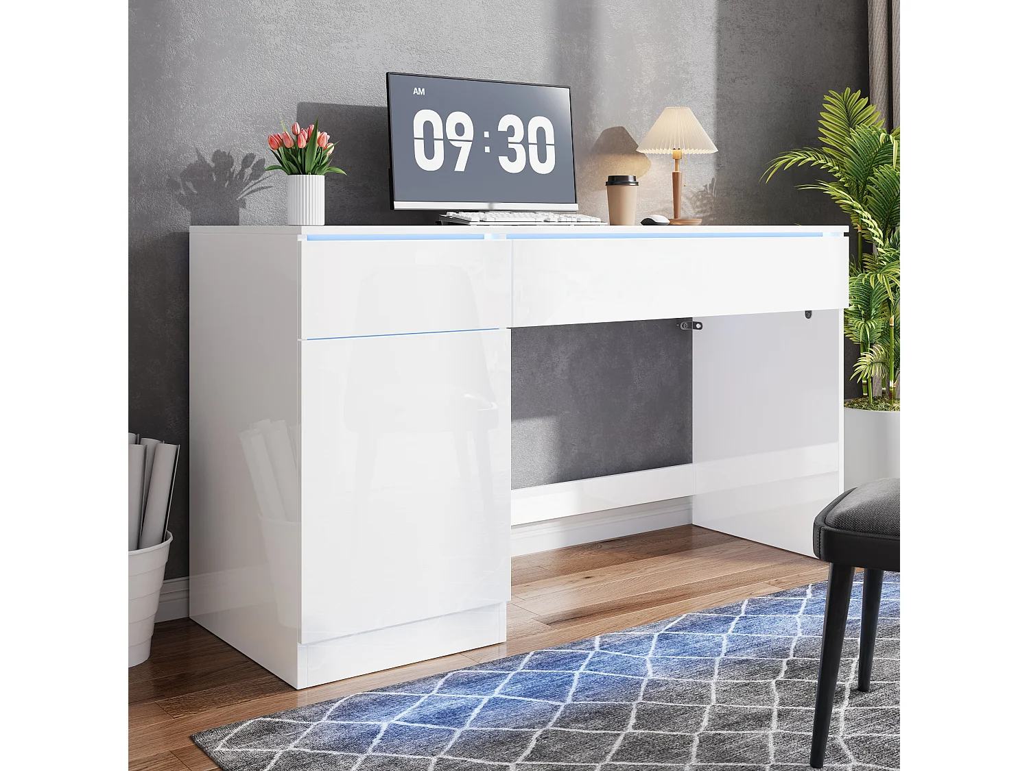 Bureau moderne 120x50x78 cm - Finition brillante - Éclairage LED - 2 tiroirs et 1 porte - Blanc