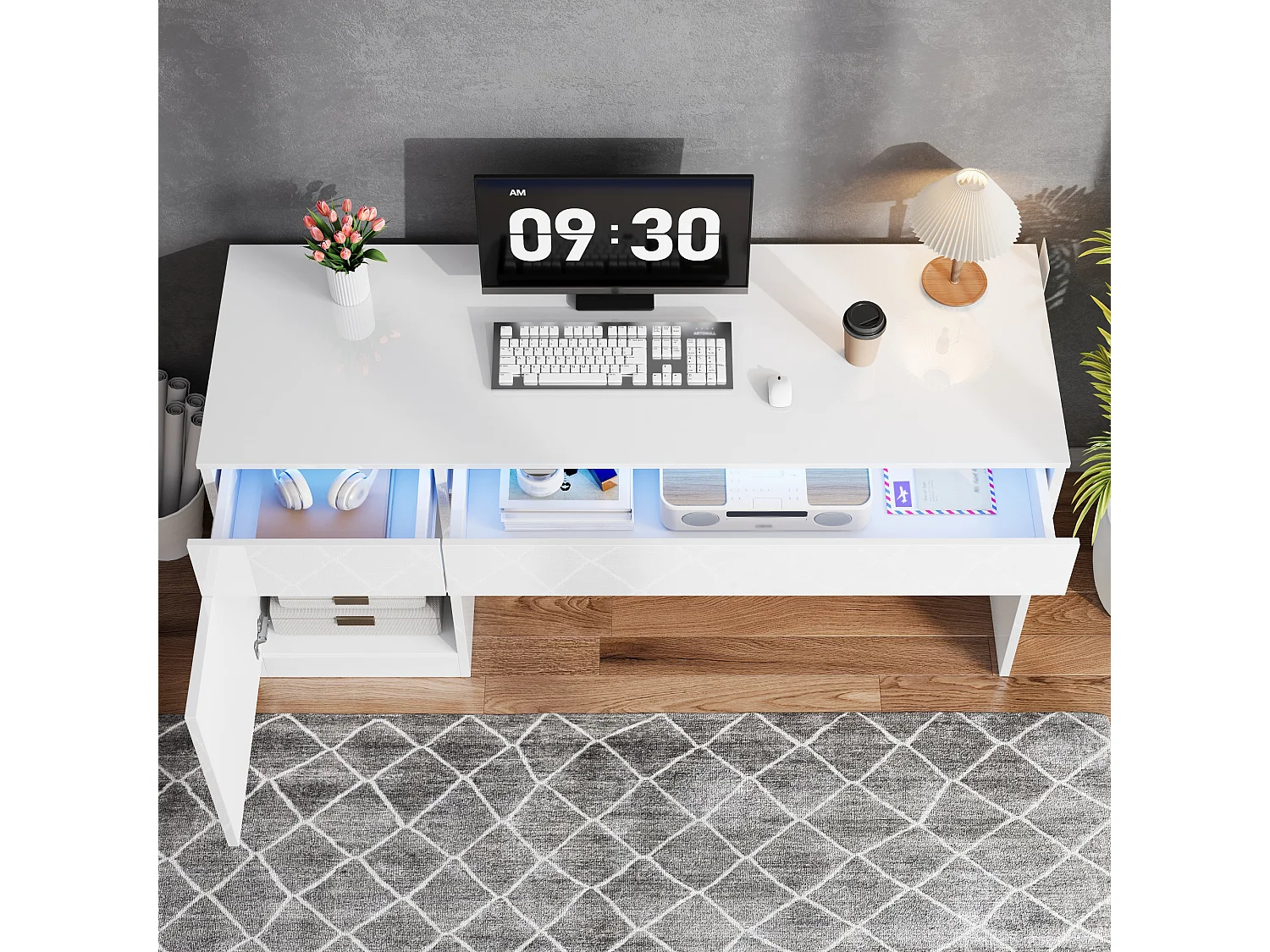 Bureau moderne 120x50x78 cm - Finition brillante - Éclairage LED - 2 tiroirs et 1 porte - Blanc