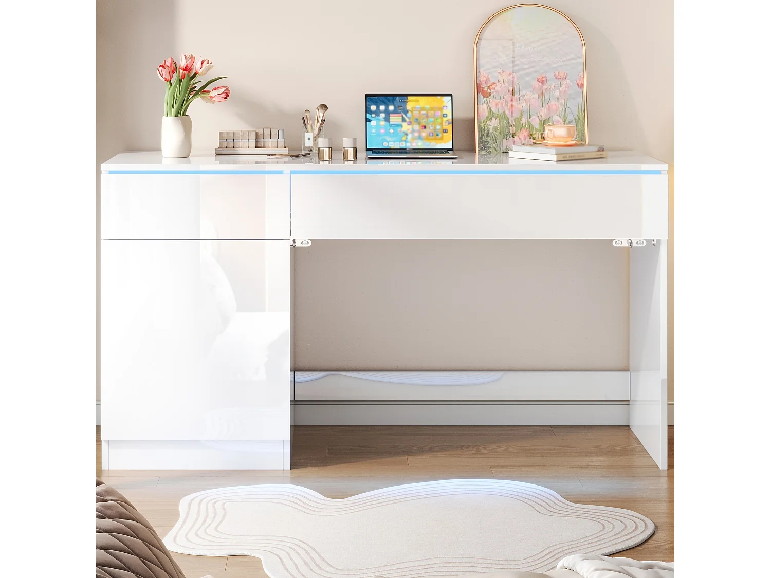 Bureau moderne 120x50x78 cm - Finition brillante - Éclairage LED - 2 tiroirs et 1 porte - Blanc
