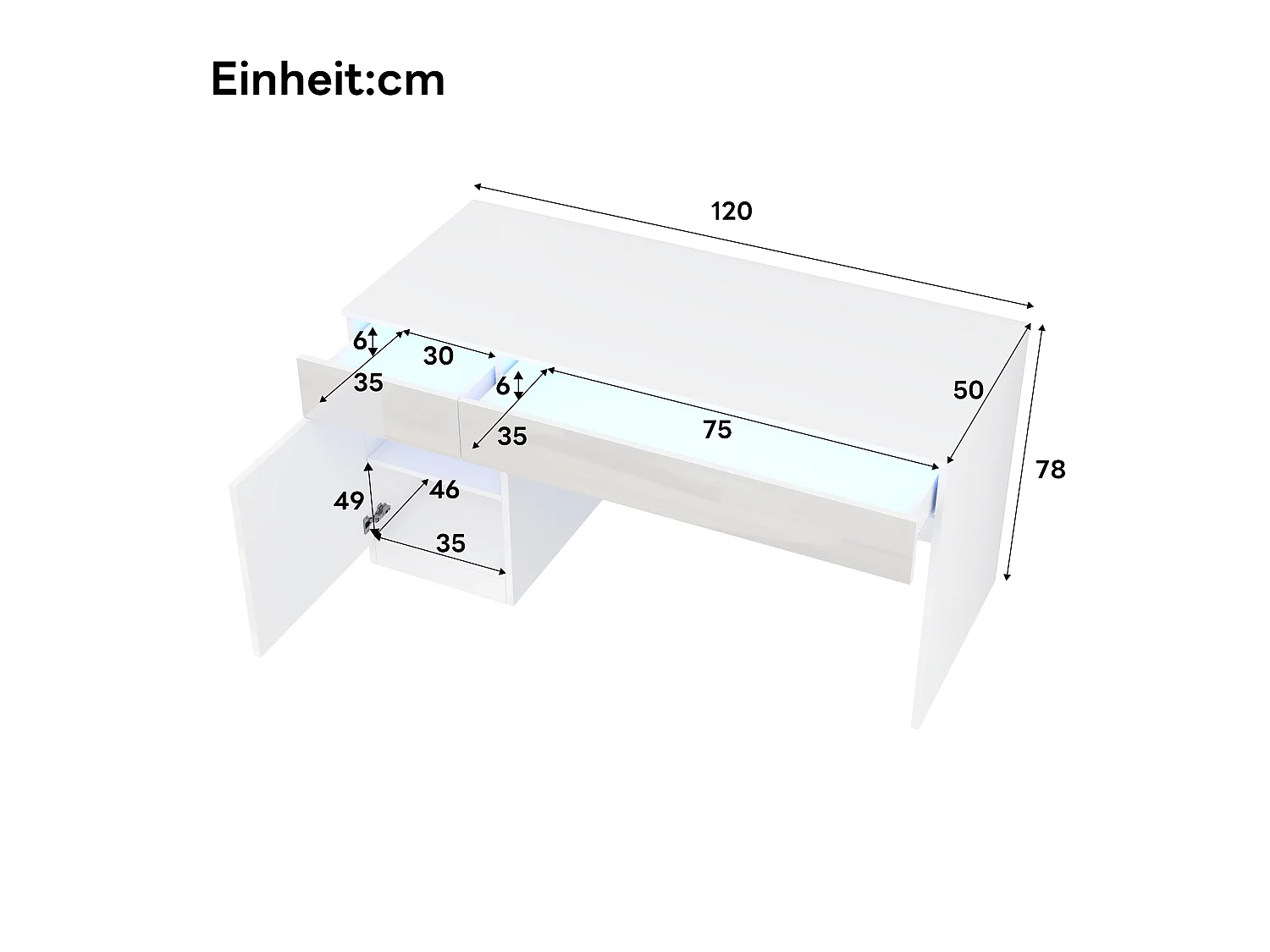 Bureau moderne 120x50x78 cm - Finition brillante - Éclairage LED - 2 tiroirs et 1 porte - Blanc