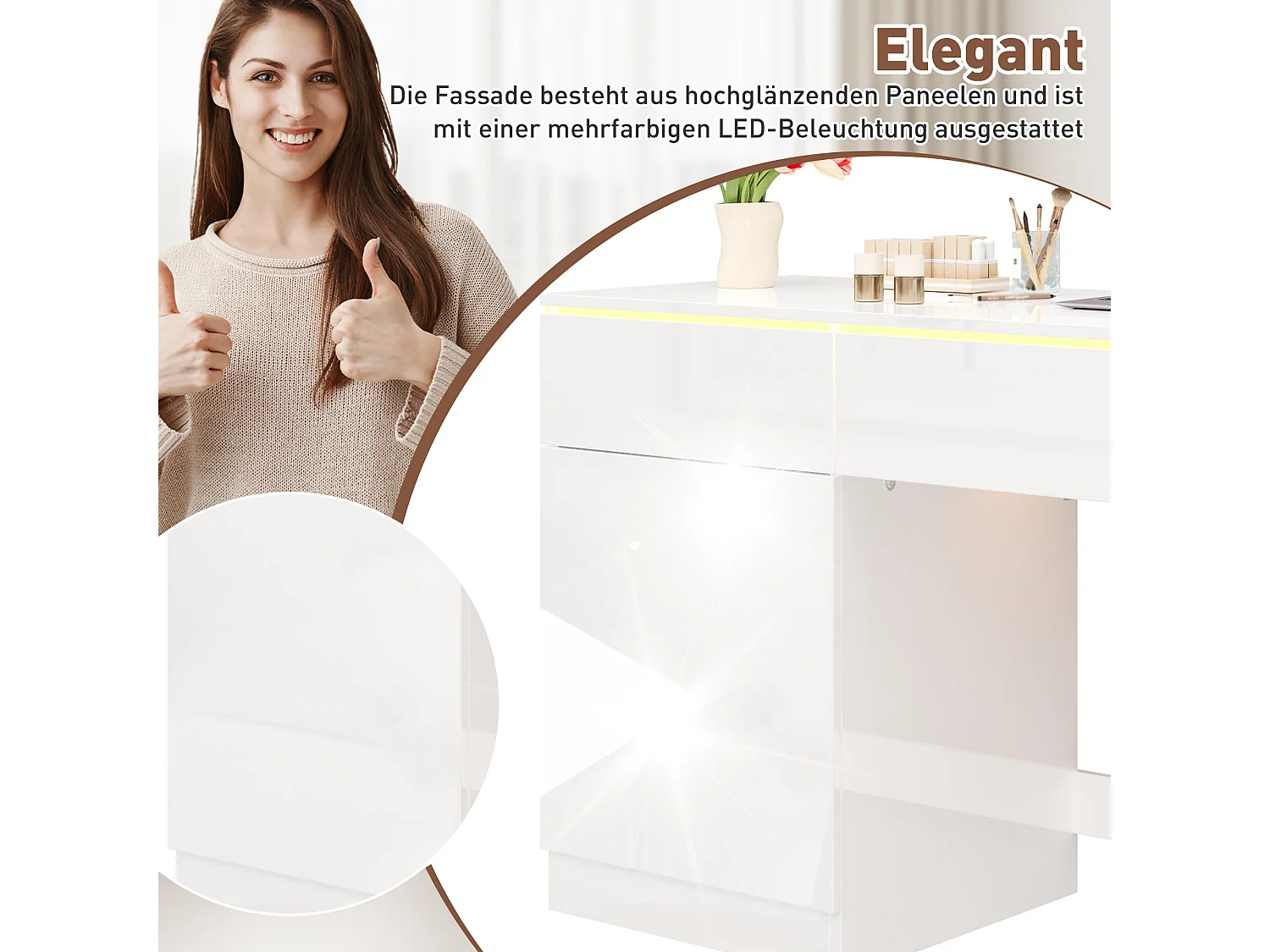 Bureau moderne 120x50x78 cm - Finition brillante - Éclairage LED - 2 tiroirs et 1 porte - Blanc
