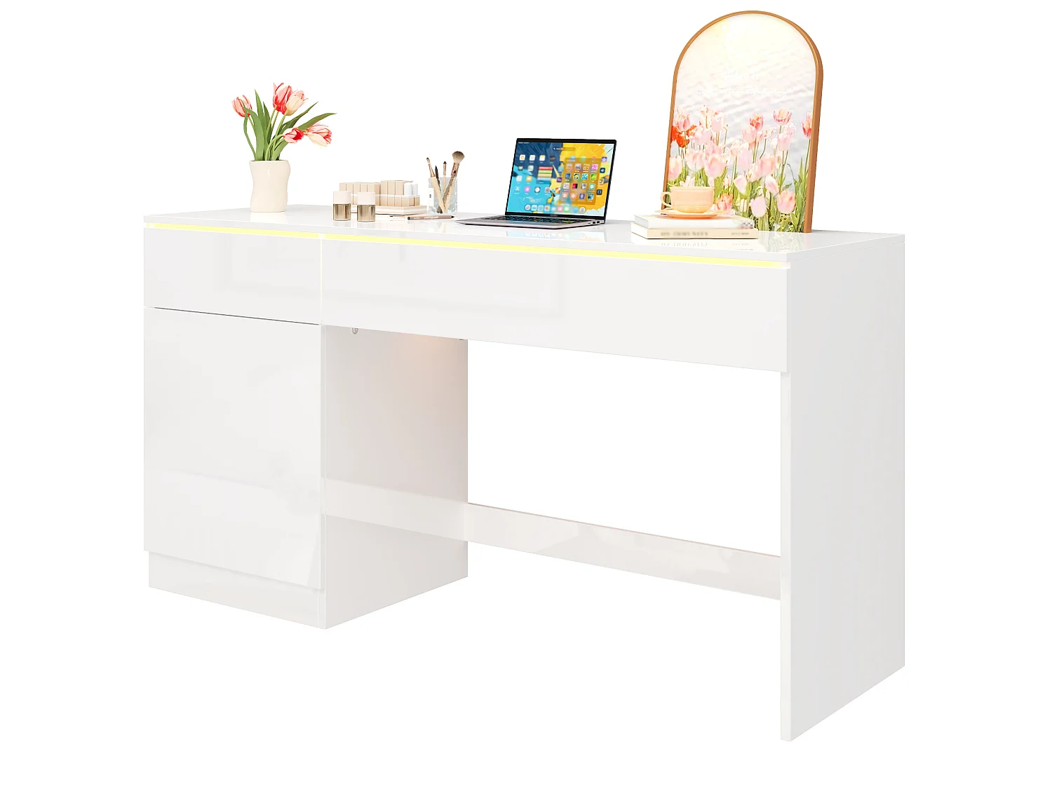 Bureau moderne 120x50x78 cm - Finition brillante - Éclairage LED - 2 tiroirs et 1 porte - Blanc