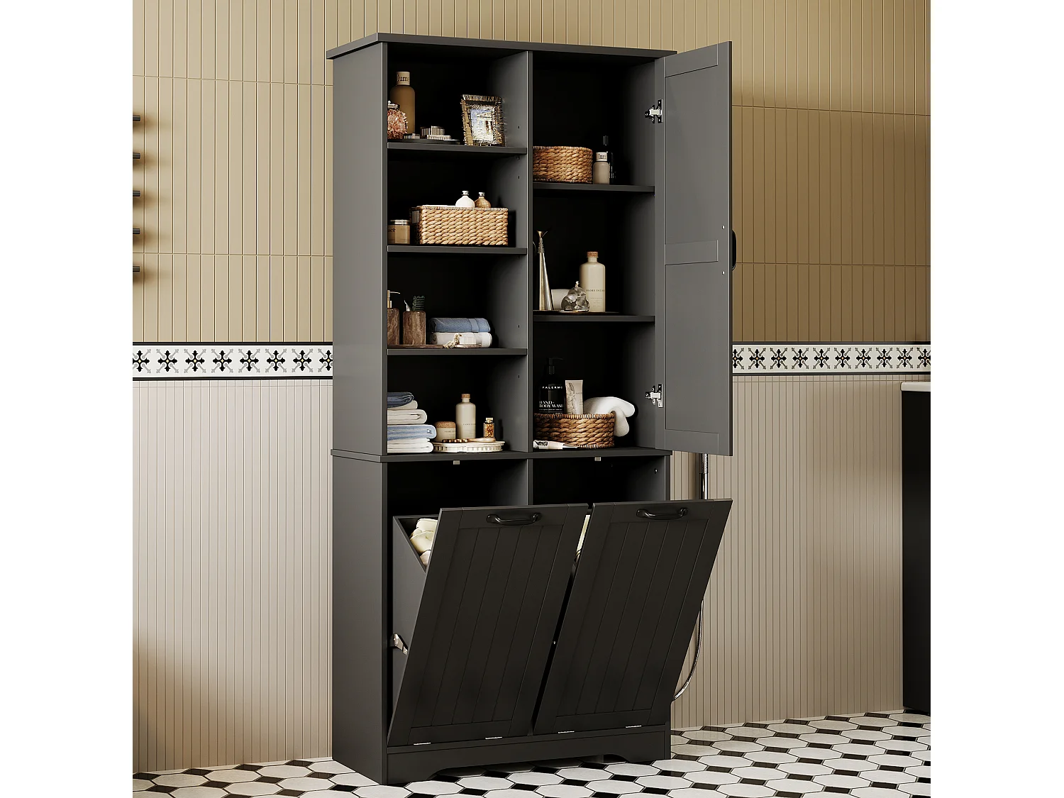 Bathroom Cabinet 78x35x172 cm - 2 Laundry Baskets - 4 Open Shelves - Moisture-Resistant Finish - Black