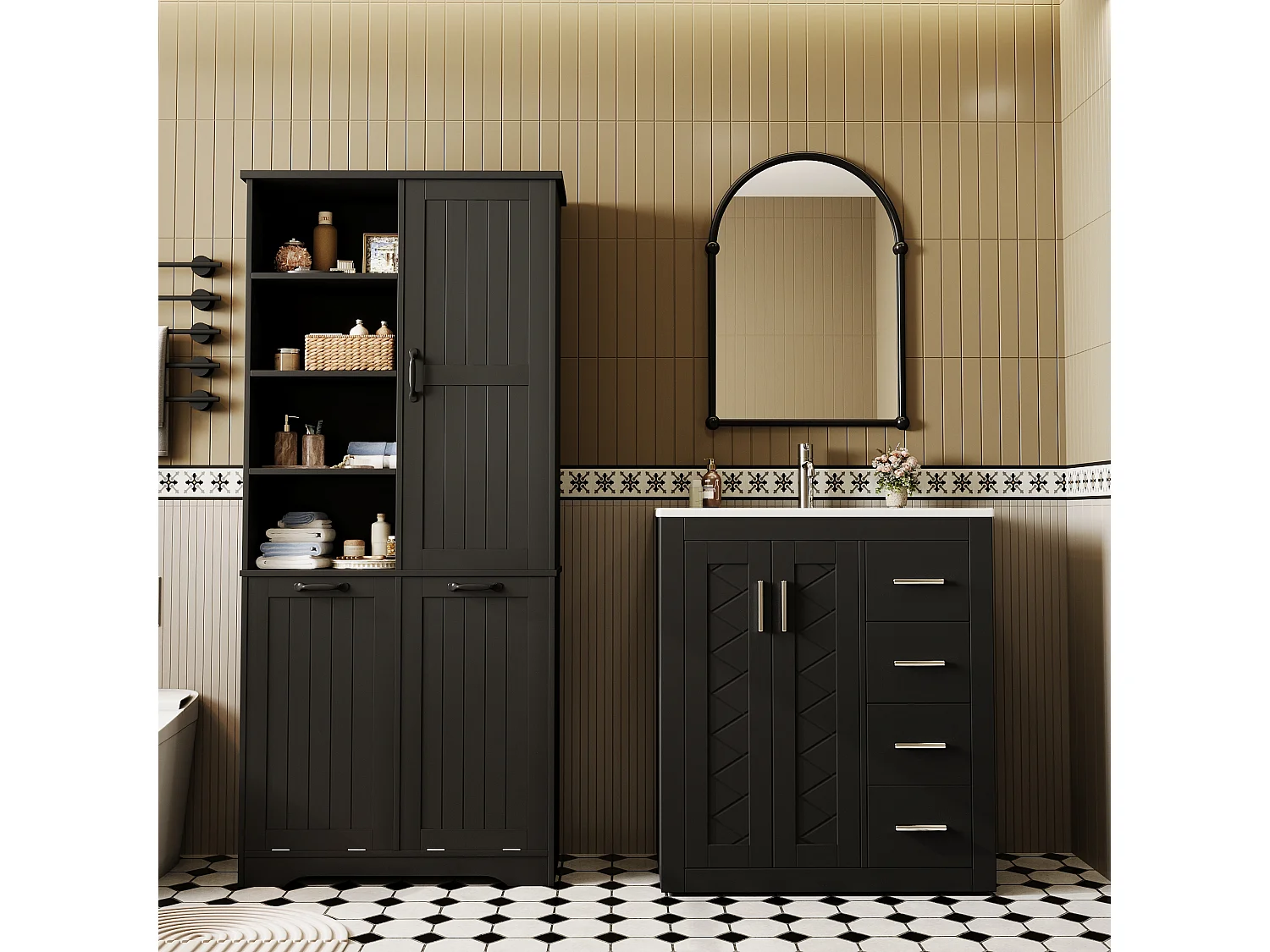 Bathroom Cabinet 78x35x172 cm - 2 Laundry Baskets - 4 Open Shelves - Moisture-Resistant Finish - Black