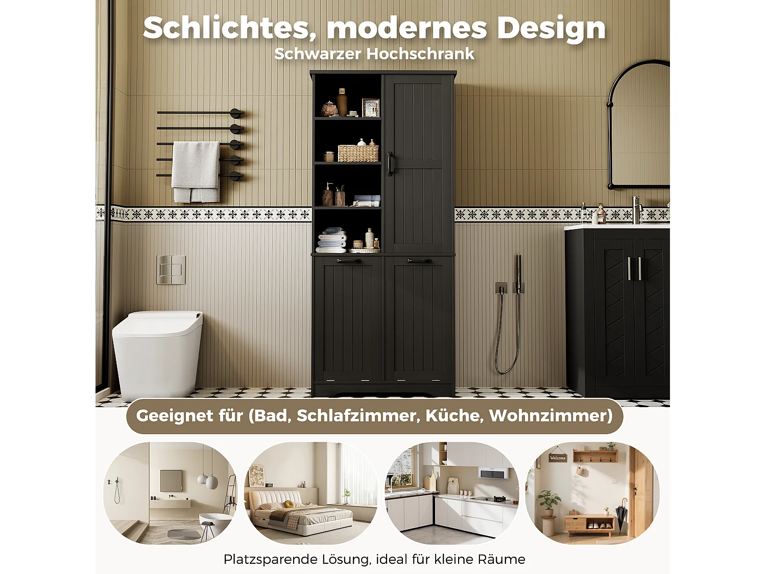 Bathroom Cabinet 78x35x172 cm - 2 Laundry Baskets - 4 Open Shelves - Moisture-Resistant Finish - Black