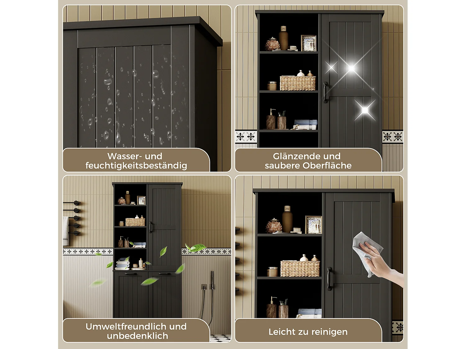 Bathroom Cabinet 78x35x172 cm - 2 Laundry Baskets - 4 Open Shelves - Moisture-Resistant Finish - Black