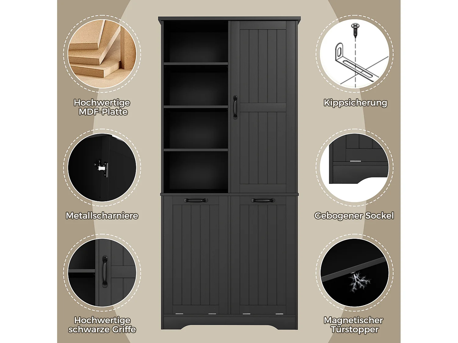 Bathroom Cabinet 78x35x172 cm - 2 Laundry Baskets - 4 Open Shelves - Moisture-Resistant Finish - Black