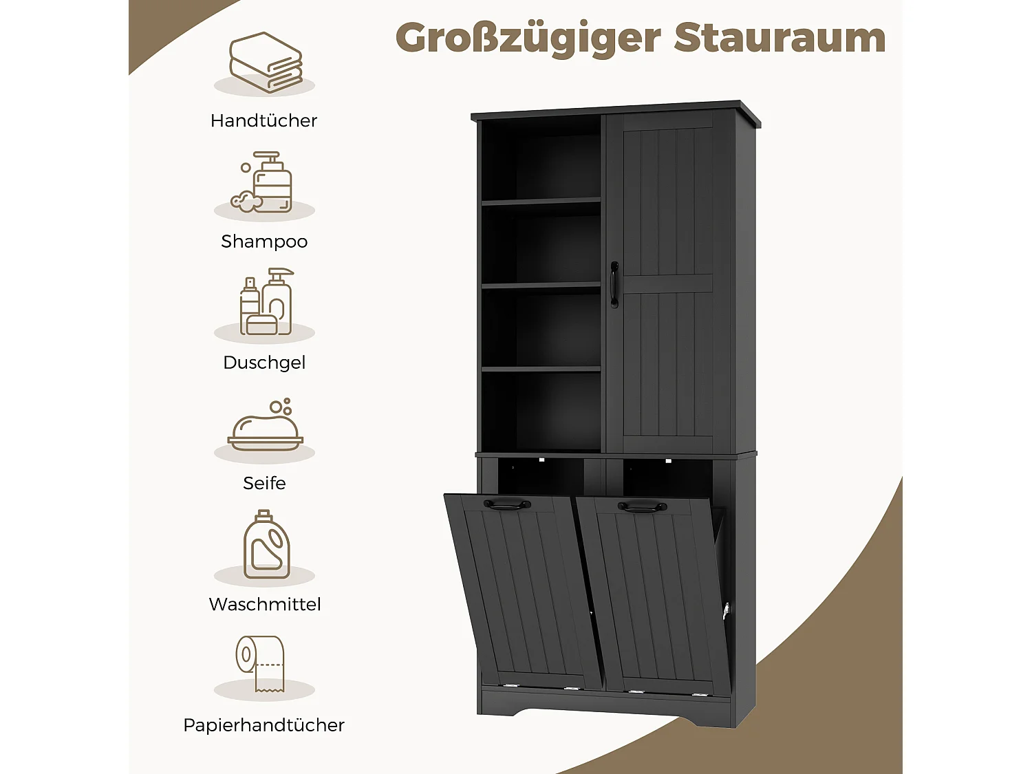 Bathroom Cabinet 78x35x172 cm - 2 Laundry Baskets - 4 Open Shelves - Moisture-Resistant Finish - Black