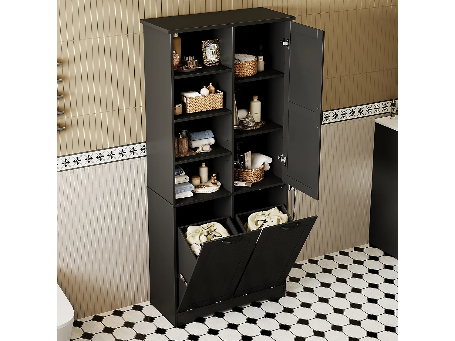 Badezimmermöbel-Set - Waschbeckenunterschrank + Aufbewahrungsschrank - Keramikwaschbecken und 2 Wäschekörbe - Schwarz