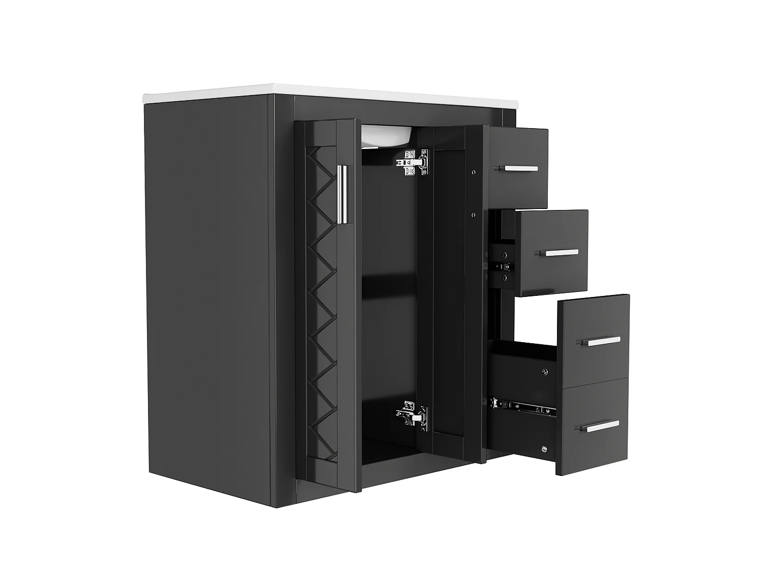 Badezimmermöbel-Set - Waschbeckenunterschrank + Aufbewahrungsschrank - Keramikwaschbecken und 2 Wäschekörbe - Schwarz