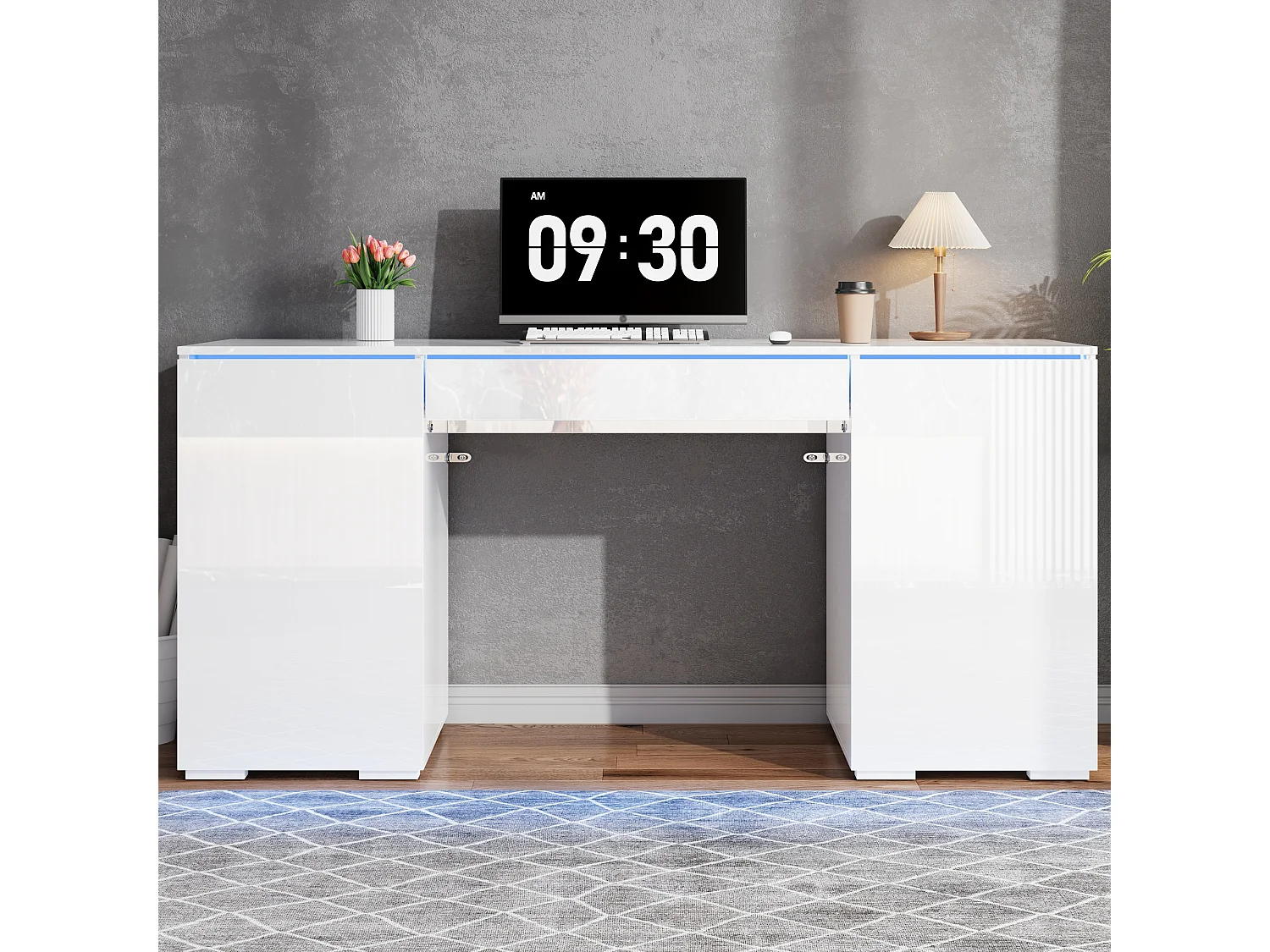 Bureau moderne 140x50x78 cm - Plateau laqué brillant - Éclairage LED - 1 tiroir et 2 portes - Blanc
