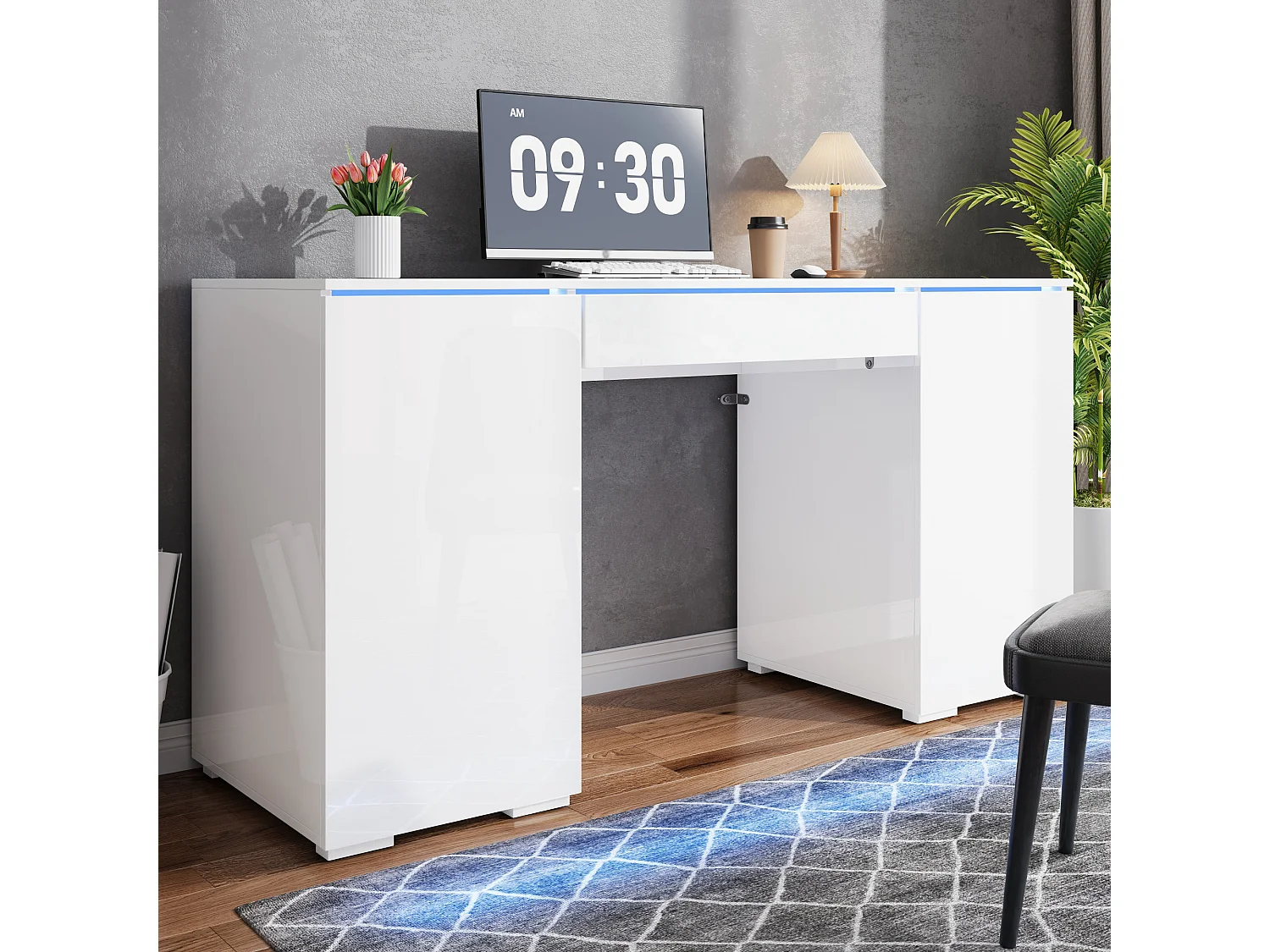 Bureau moderne 140x50x78 cm - Plateau laqué brillant - Éclairage LED - 1 tiroir et 2 portes - Blanc
