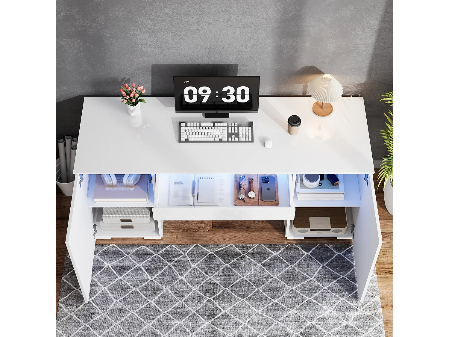 Bureau moderne 140x50x78 cm - Plateau laqué brillant - Éclairage LED - 1 tiroir et 2 portes - Blanc