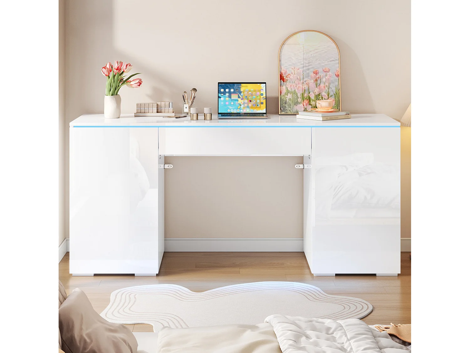 Bureau moderne 140x50x78 cm - Plateau laqué brillant - Éclairage LED - 1 tiroir et 2 portes - Blanc