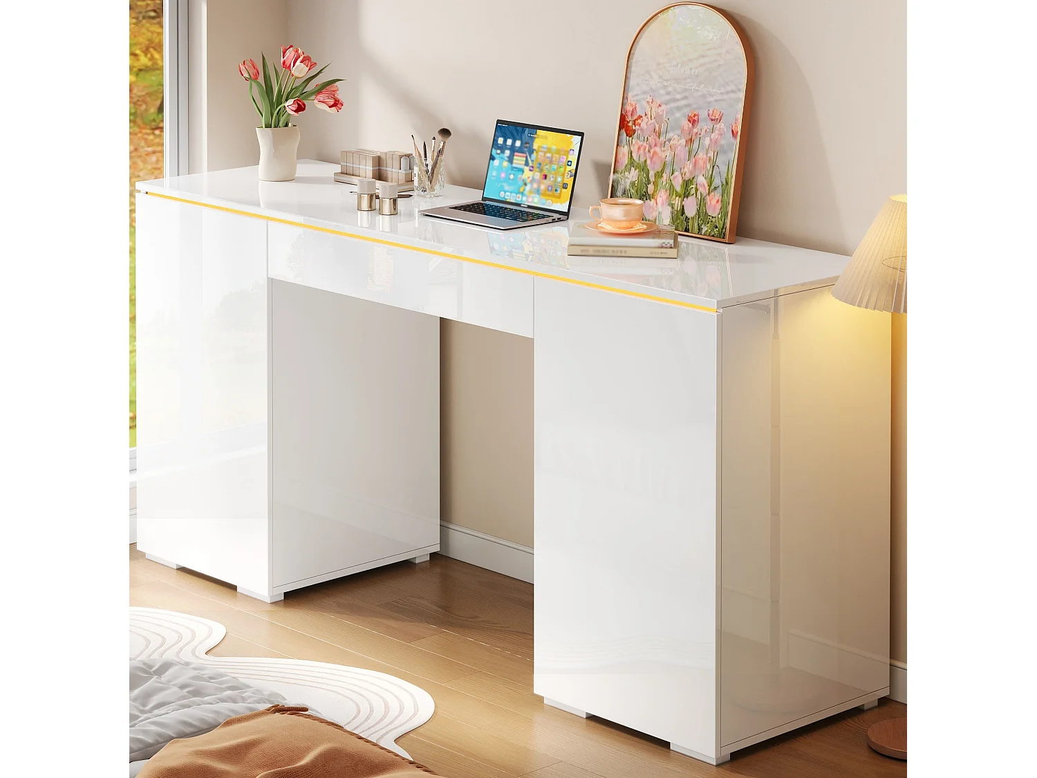 Bureau moderne 140x50x78 cm - Plateau laqué brillant - Éclairage LED - 1 tiroir et 2 portes - Blanc