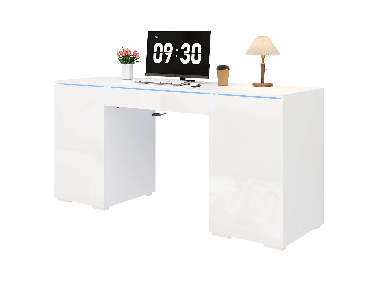 Bureau moderne 140x50x78 cm - Plateau laqué brillant - Éclairage LED - 1 tiroir et 2 portes - Blanc