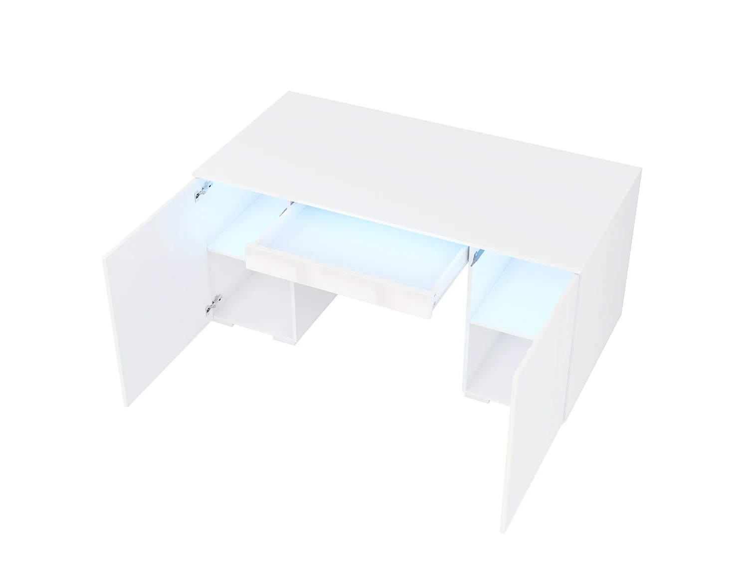 Bureau moderne 140x50x78 cm - Plateau laqué brillant - Éclairage LED - 1 tiroir et 2 portes - Blanc