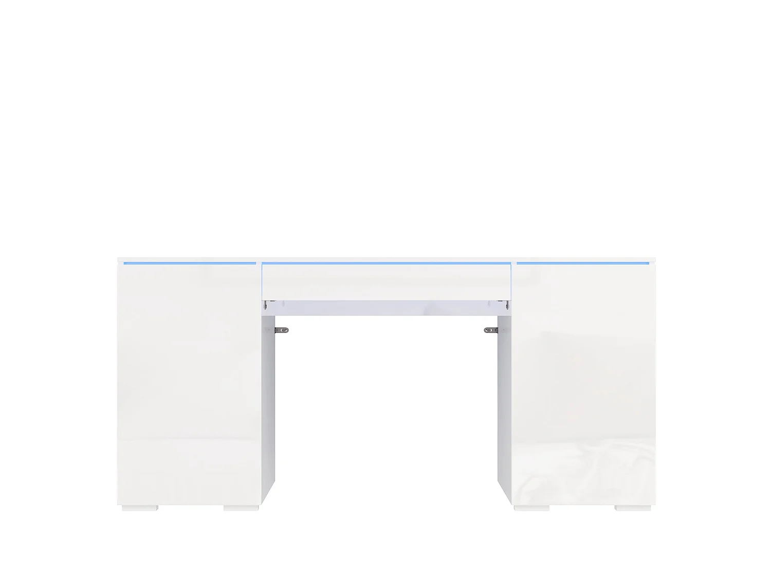Bureau moderne 140x50x78 cm - Plateau laqué brillant - Éclairage LED - 1 tiroir et 2 portes - Blanc