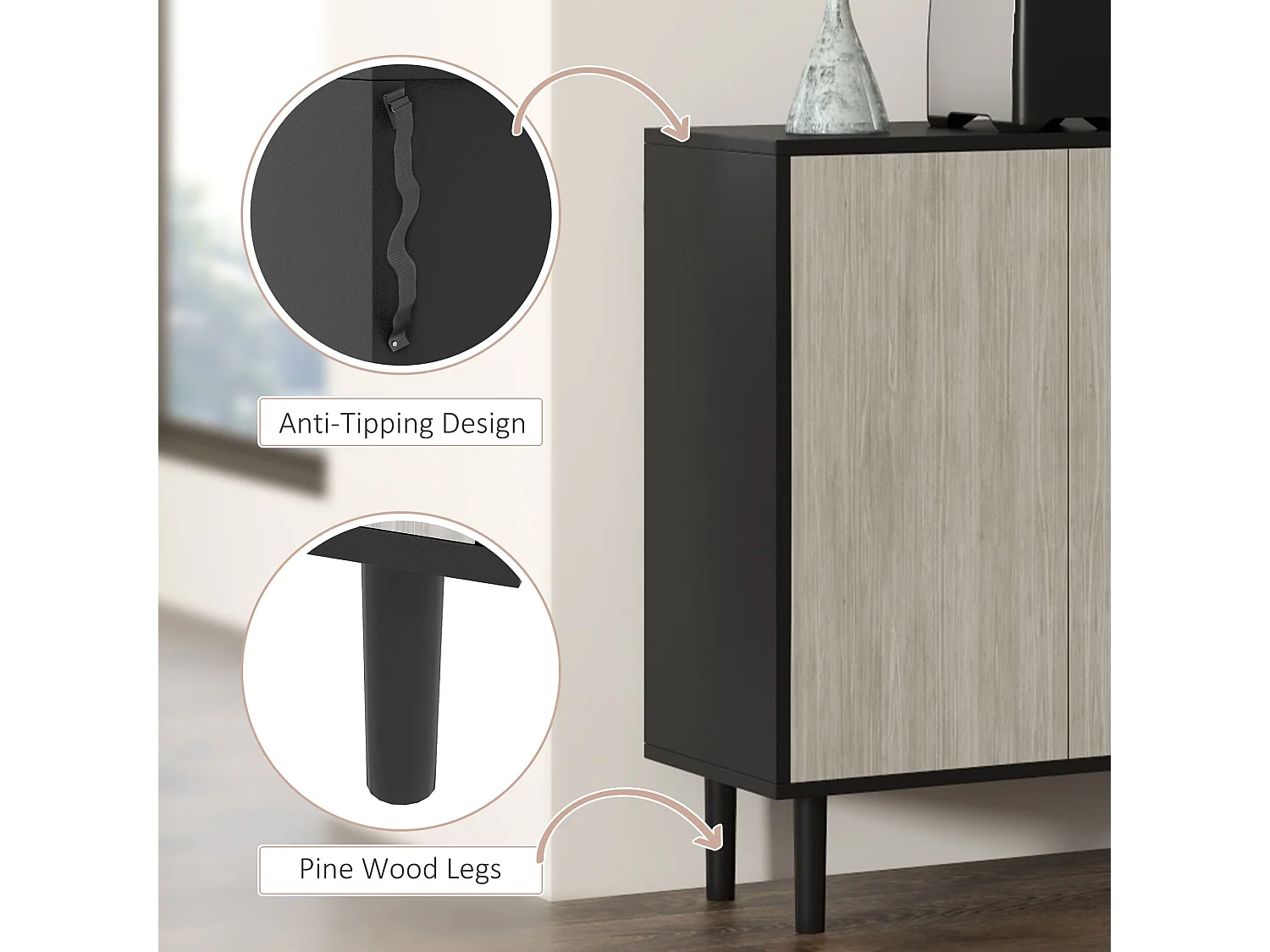 Vepamo Black and Grey Sideboard 4 Doors 121x37x75cm