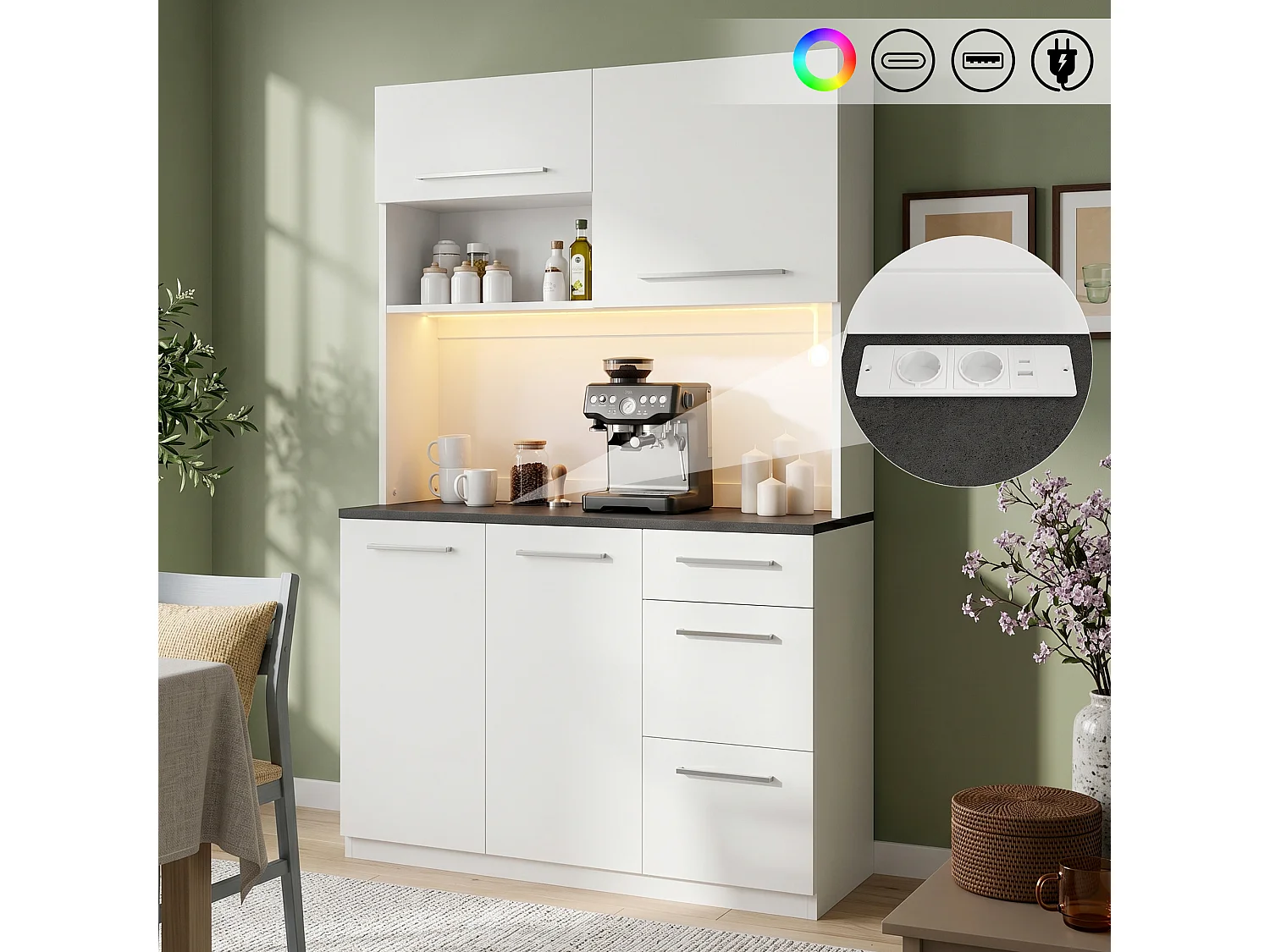 Buffet/Armoire haute 120x4x180 cm - avec éclairage LED - 4 portes et 3 tiroirs - avec prise électrique et port USB - Blanc