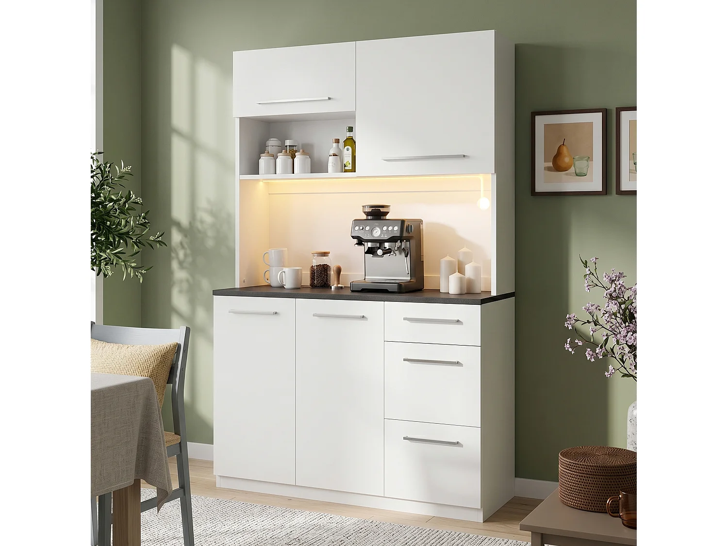 Buffet/Armoire haute 120x4x180 cm - avec éclairage LED - 4 portes et 3 tiroirs - avec prise électrique et port USB - Blanc