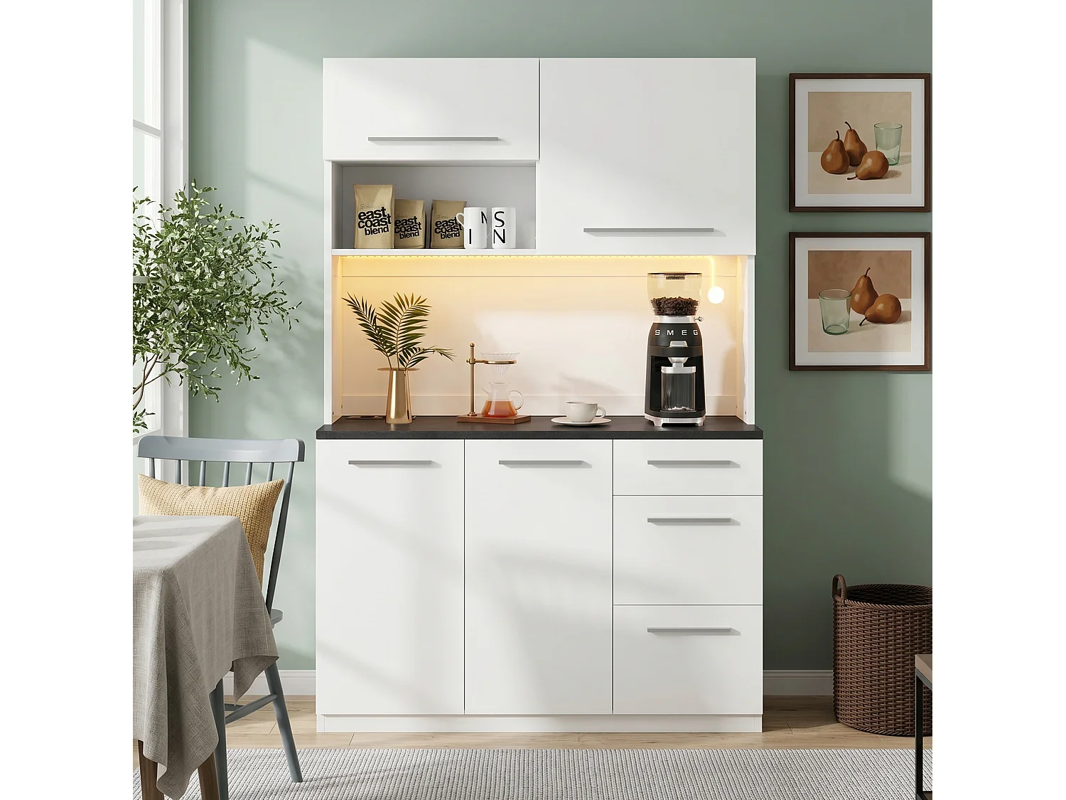 Buffet/Armoire haute 120x4x180 cm - avec éclairage LED - 4 portes et 3 tiroirs - avec prise électrique et port USB - Blanc
