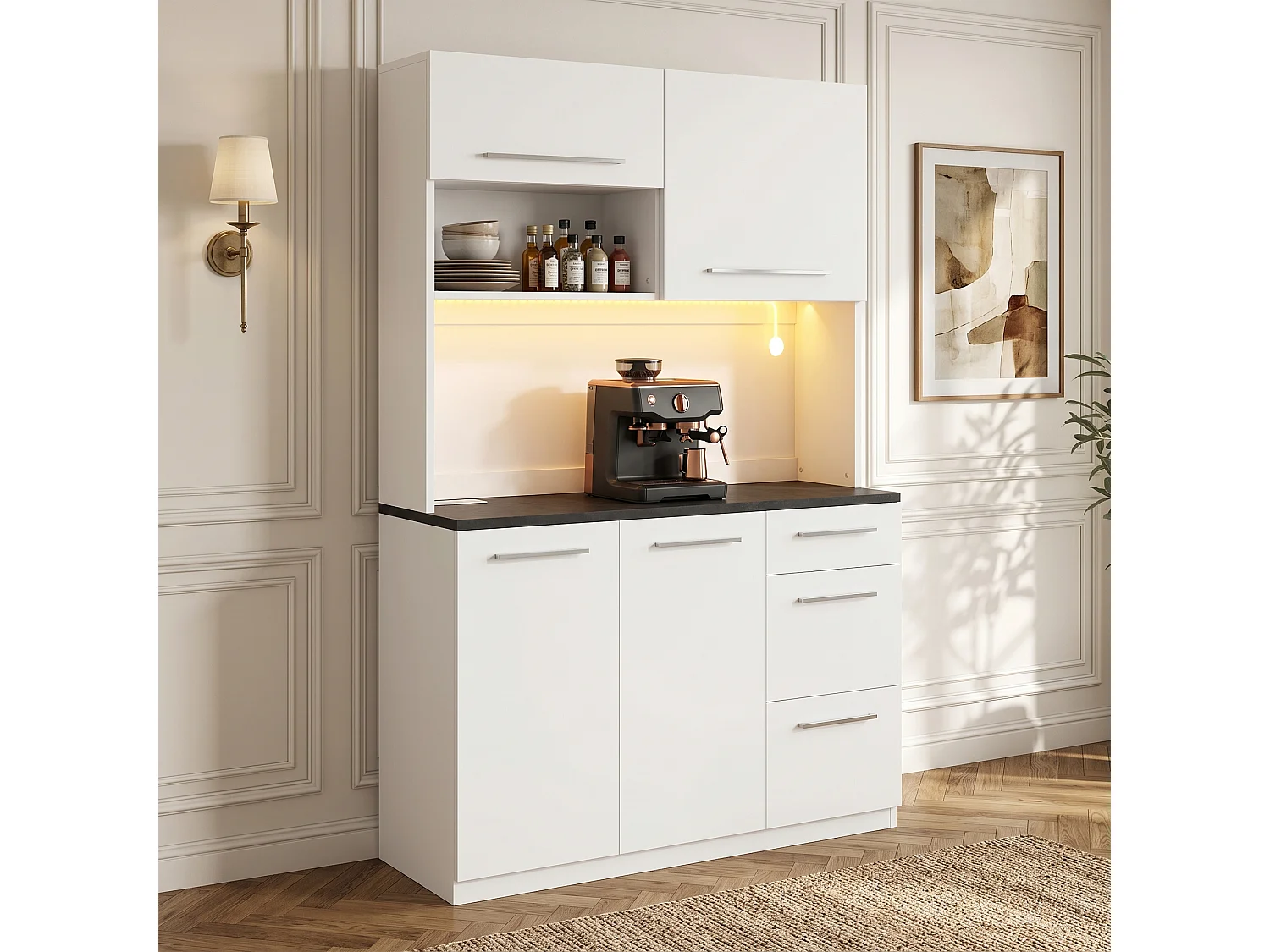 Buffet/Armoire haute 120x4x180 cm - avec éclairage LED - 4 portes et 3 tiroirs - avec prise électrique et port USB - Blanc