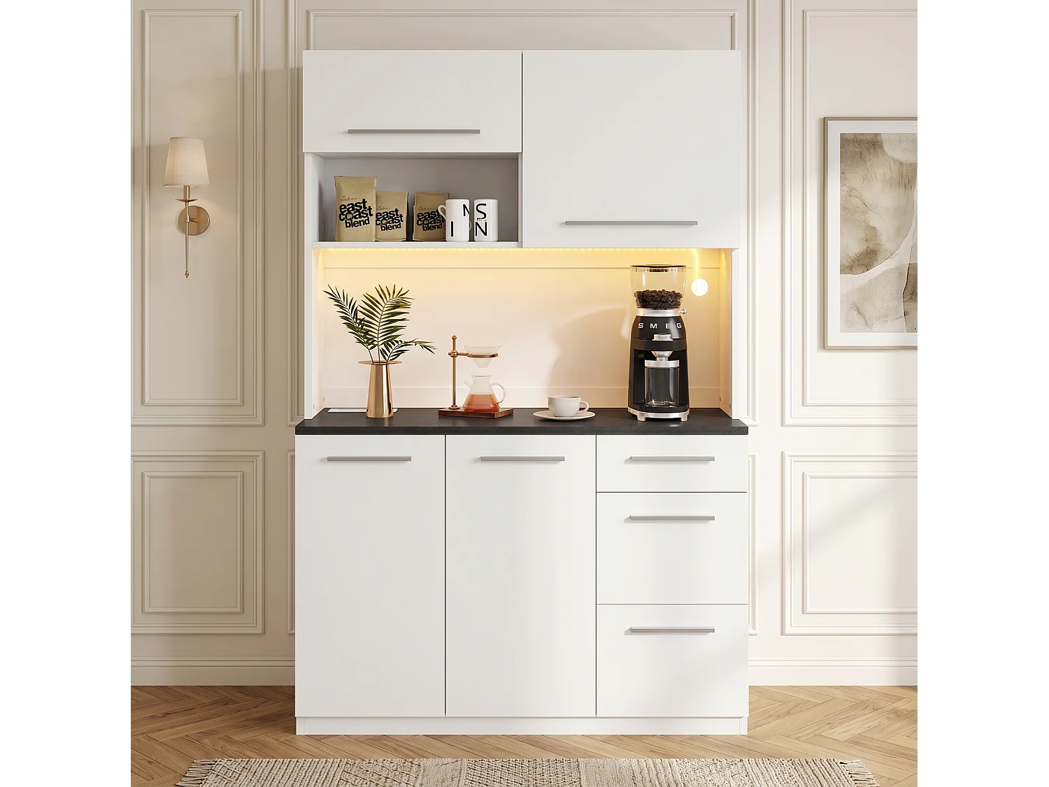 Buffet/Armoire haute 120x4x180 cm - avec éclairage LED - 4 portes et 3 tiroirs - avec prise électrique et port USB - Blanc