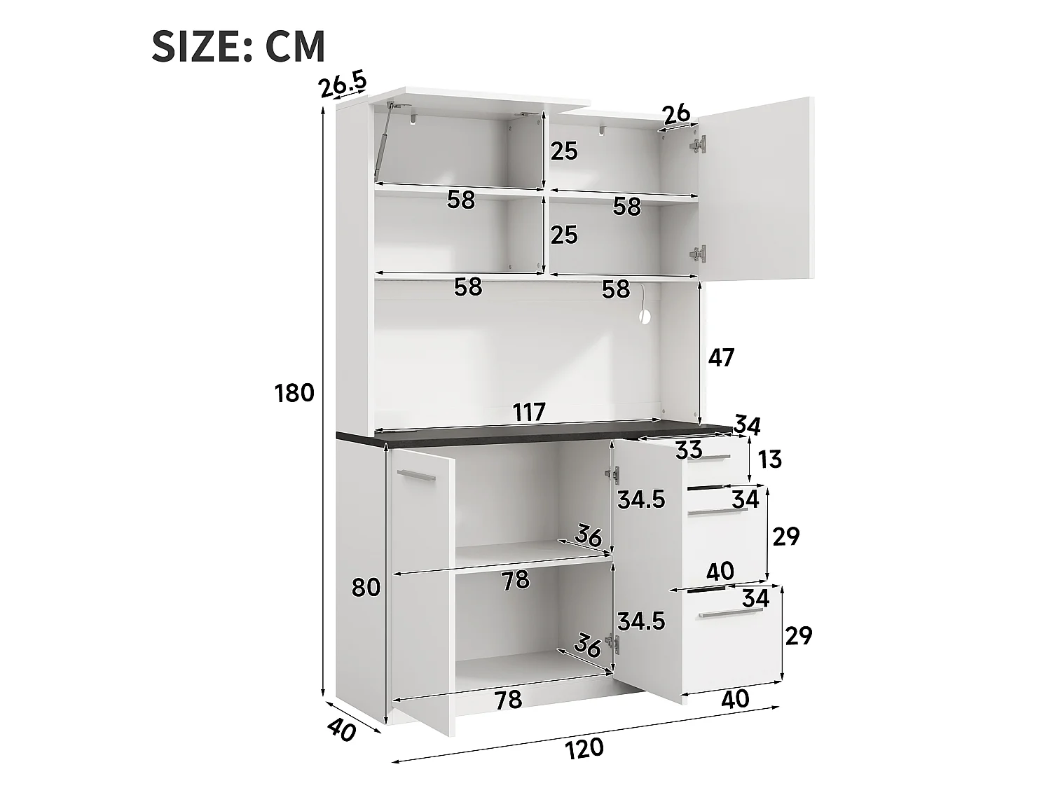 Buffet/Armoire haute 120x4x180 cm - avec éclairage LED - 4 portes et 3 tiroirs - avec prise électrique et port USB - Blanc