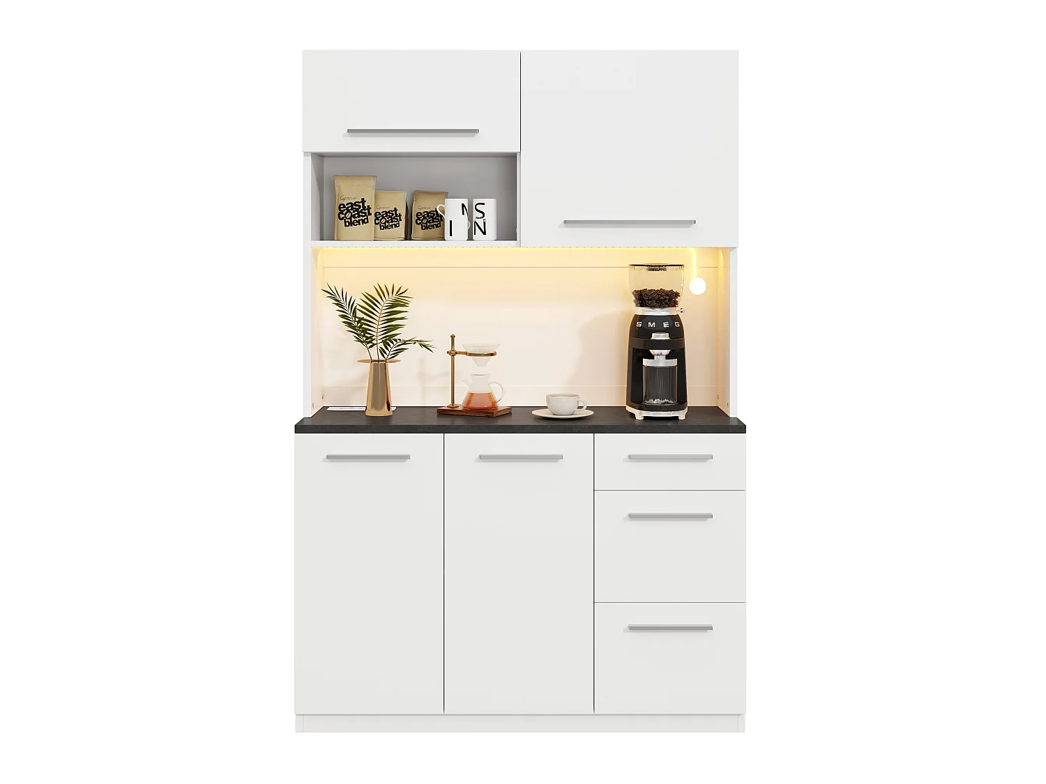 Buffet/Armoire haute 120x4x180 cm - avec éclairage LED - 4 portes et 3 tiroirs - avec prise électrique et port USB - Blanc