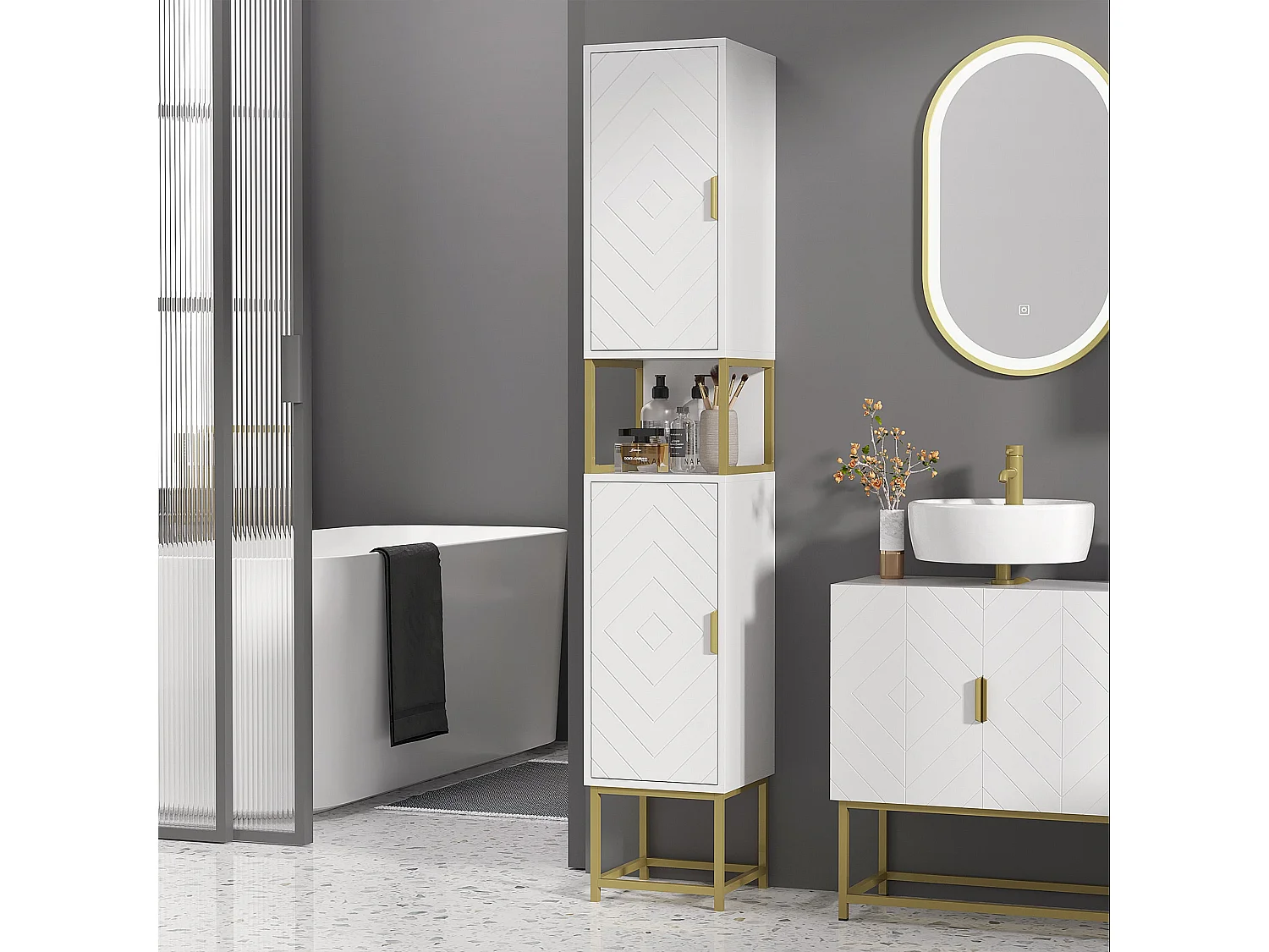 Kacoel Tall Narrow Bathroom Storage Cabinet White with Gold Tone Steel Base Adjustable Shelf Double Doors
